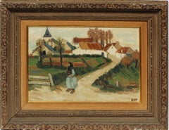 Antique French Impressionist Countryside Village Landscape Signed Oil Painting