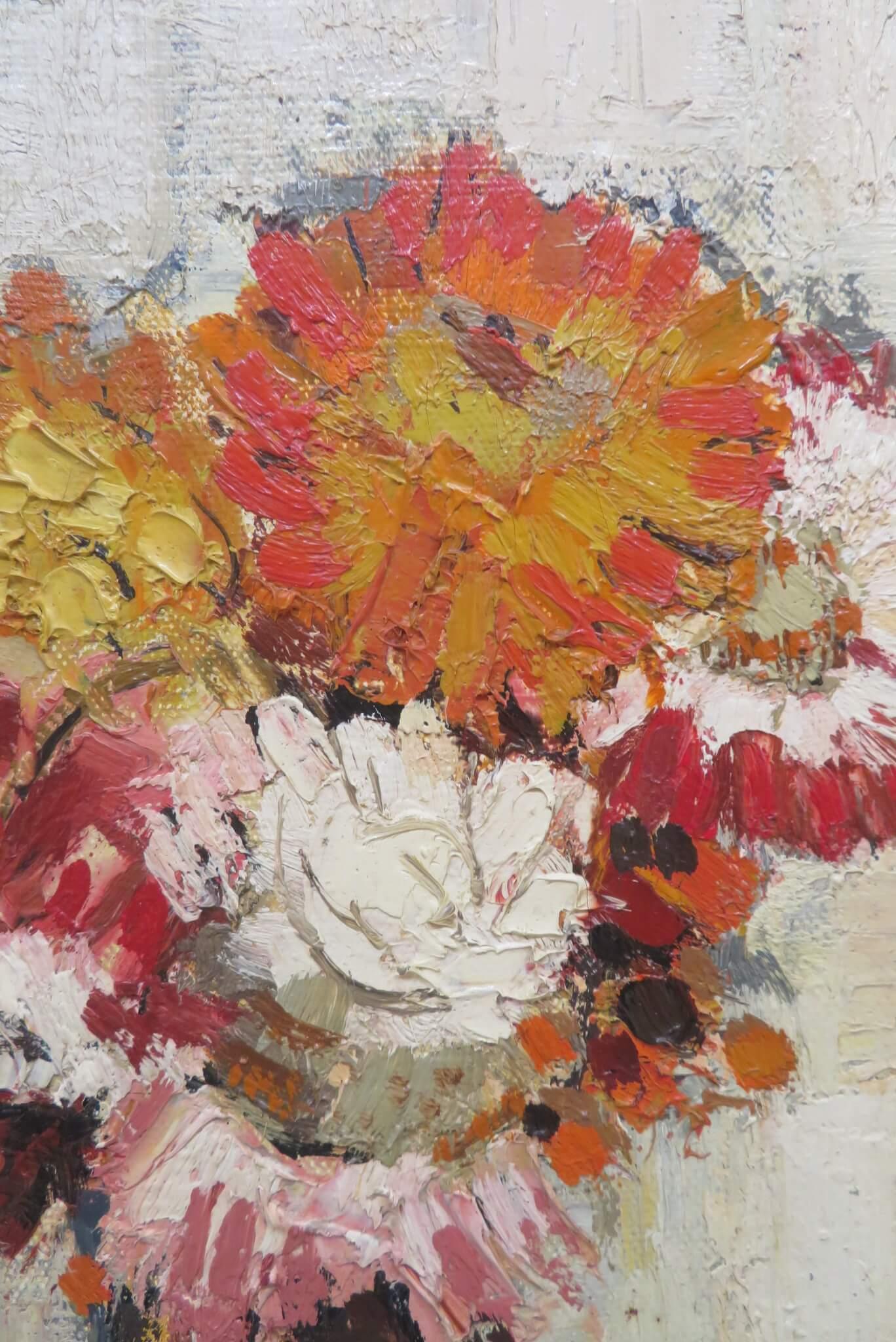 ORIGINAL FRANZÖSISCH Mitte des 20. Jahrhunderts IMPRESSIONIST Ölgemälde STILLLEBEN BLUMEN (Braun), Still-Life Painting, von Ginette Rapp