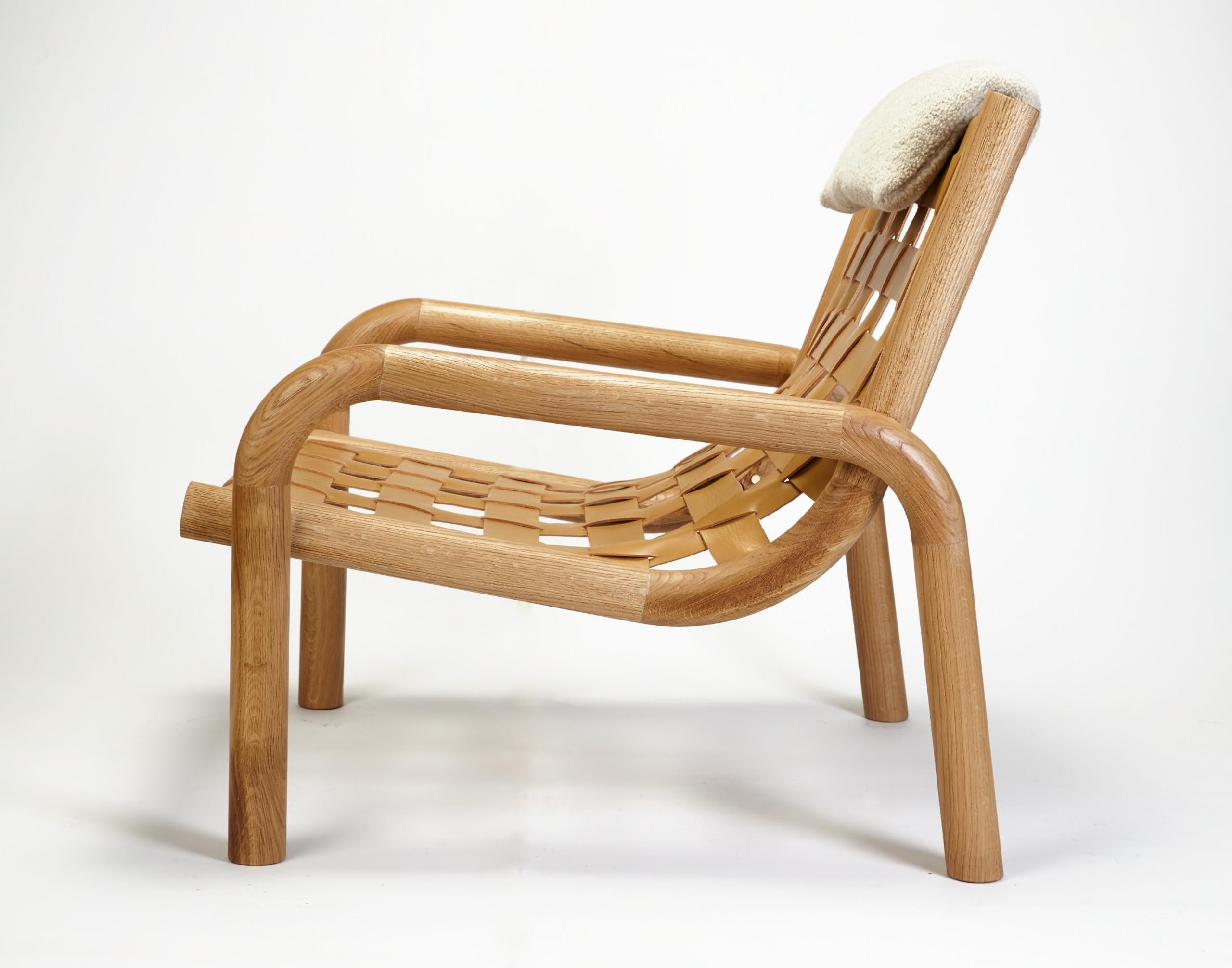 Portuguese Ginga Leather Armchair, Natural Solid Oak, Handcrafted in Portugal by Duistt For Sale