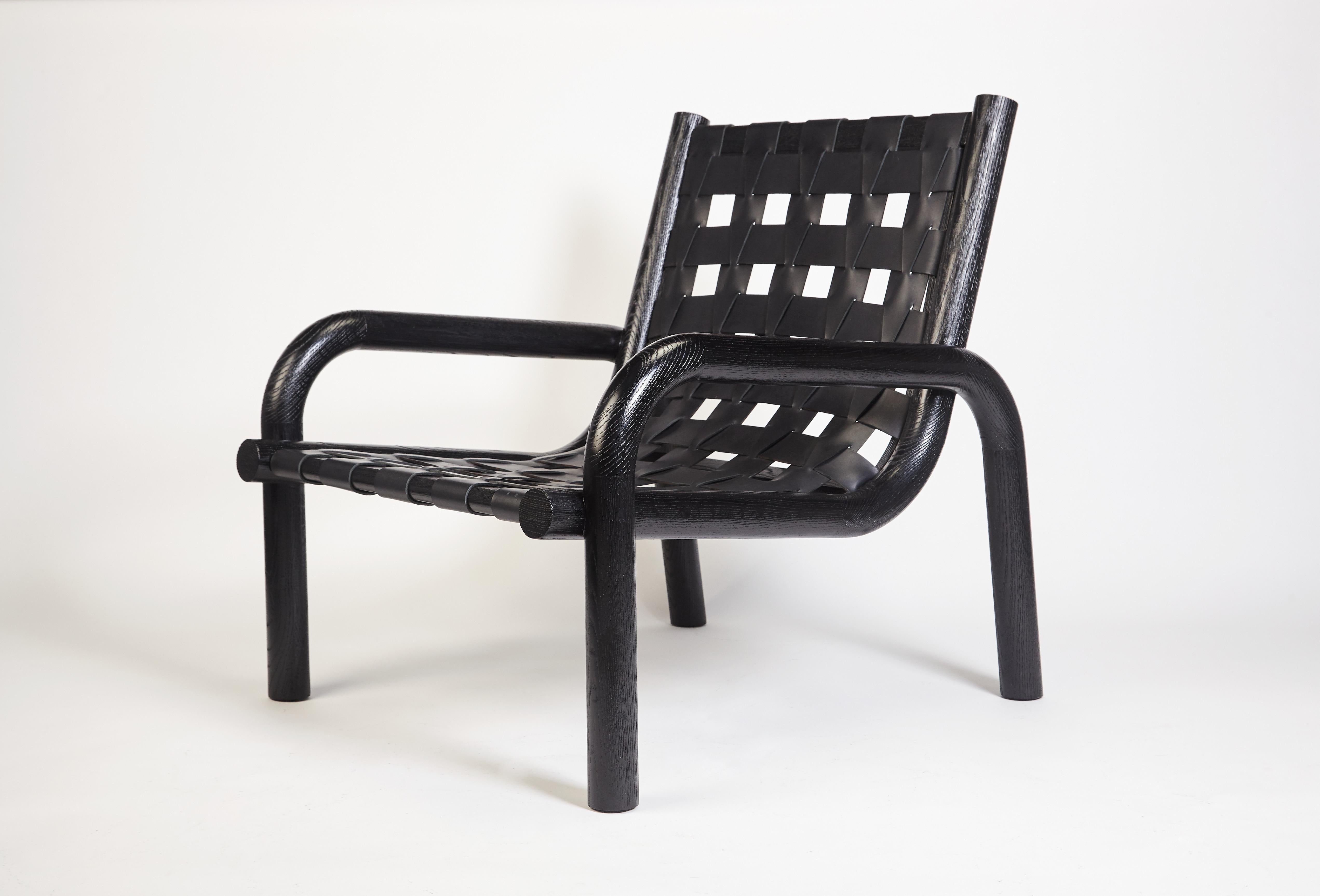 Mid-Century Modern Ginga Leather Armchair, Solid Black Oak, Handcrafted in Portugal by Duistt For Sale