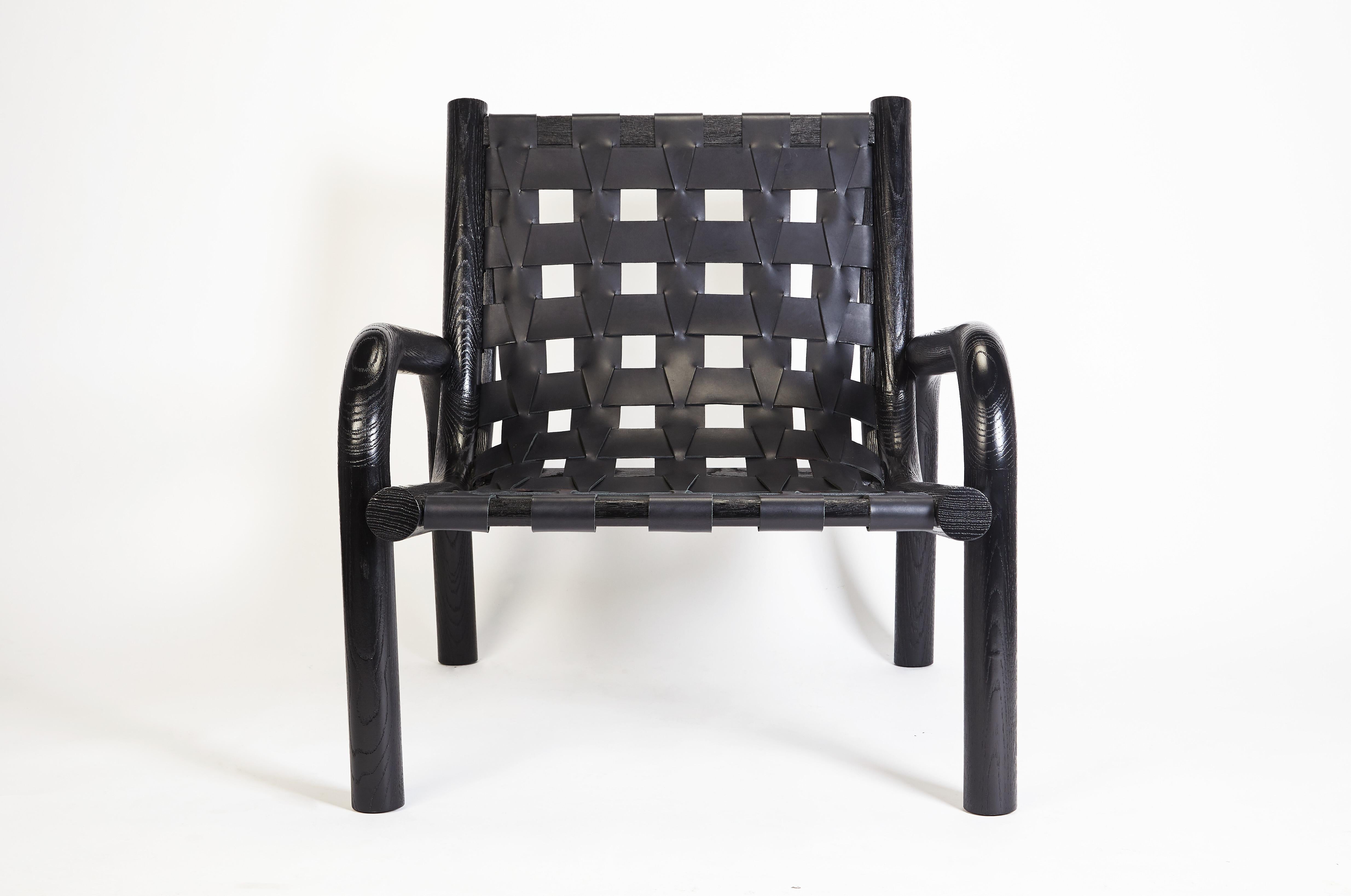 Mid-Century Modern Ginga Leather Armchair, Solid Black Oak, Handcrafted in Portugal by Duistt For Sale