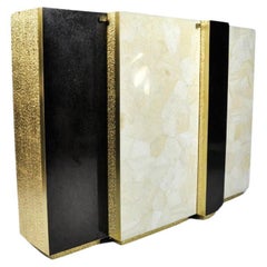 Ginger Brown 3-Door Cabinet in Black Stone with Rock Crystal & Gold Leaf Fiber 