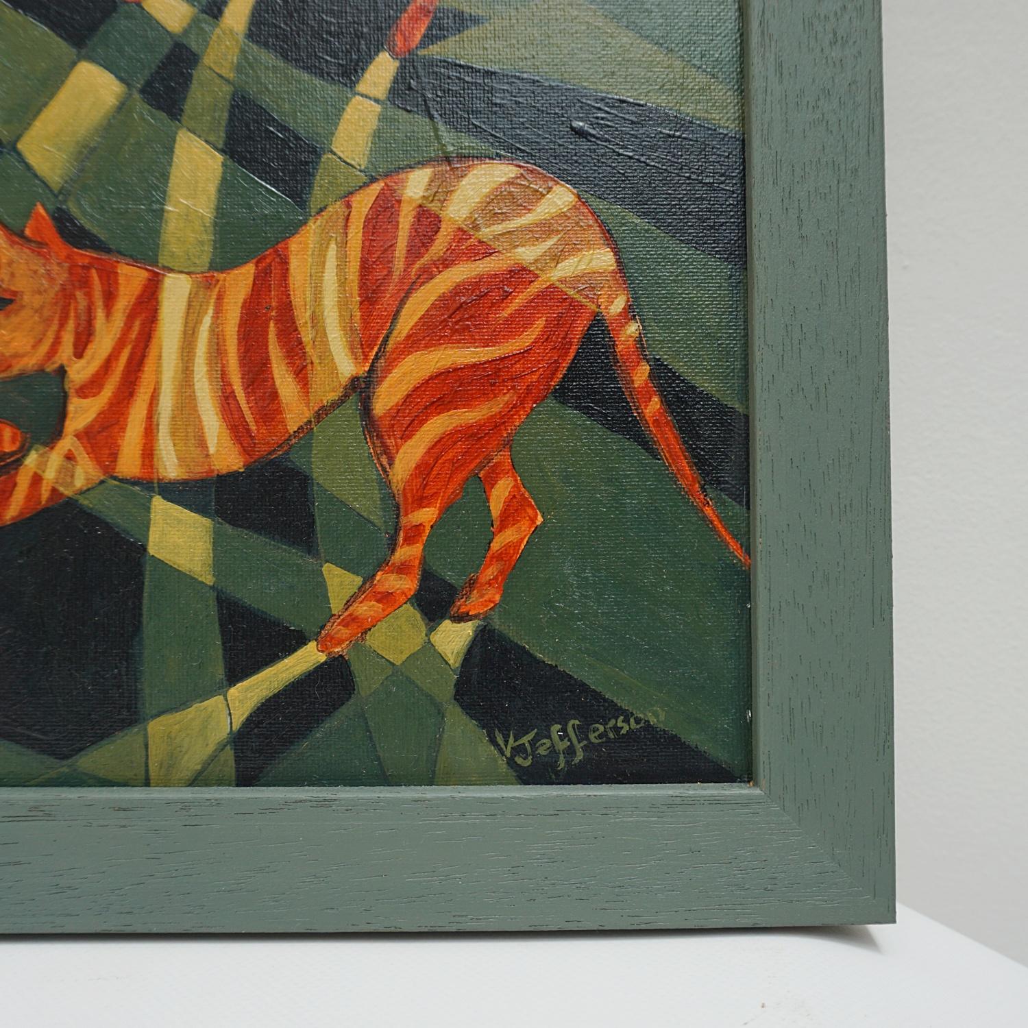 'Ginger Cats', A contemporary oil on canvas painting by Vera Jefferson depicting striped cats amongst a stylised abstract background. Signed V Jefferson to lower right. 

Dimensions: H 44.5cm W 44.5cm 

 Vera Jefferson trained at Goldsmiths