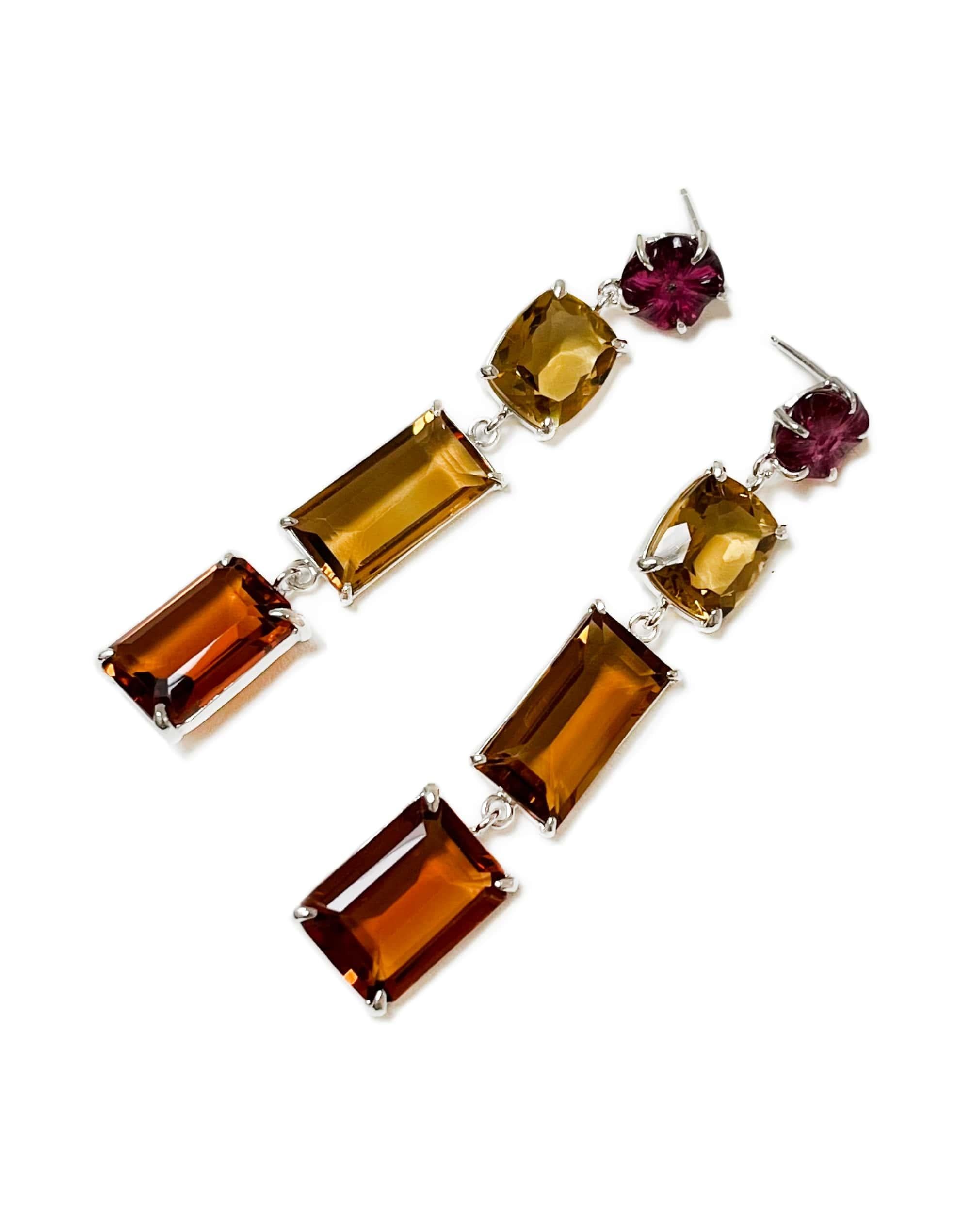 Contemporain Boucles d'oreilles en argent sterling avec citrine, quartz orange, tourmaline rose