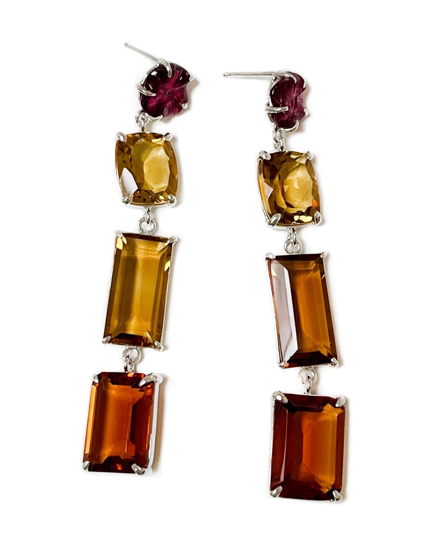 Taille émeraude Boucles d'oreilles en argent sterling avec citrine, quartz orange, tourmaline rose