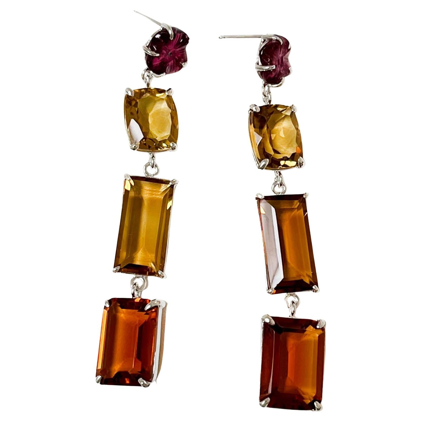 Boucles d'oreilles en argent sterling avec citrine, quartz orange, tourmaline rose