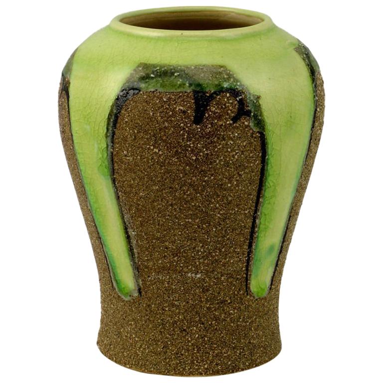 Ginger Jar Shaped Vase In Celery and Rough Sand Glaze For Sale at 1stDibs