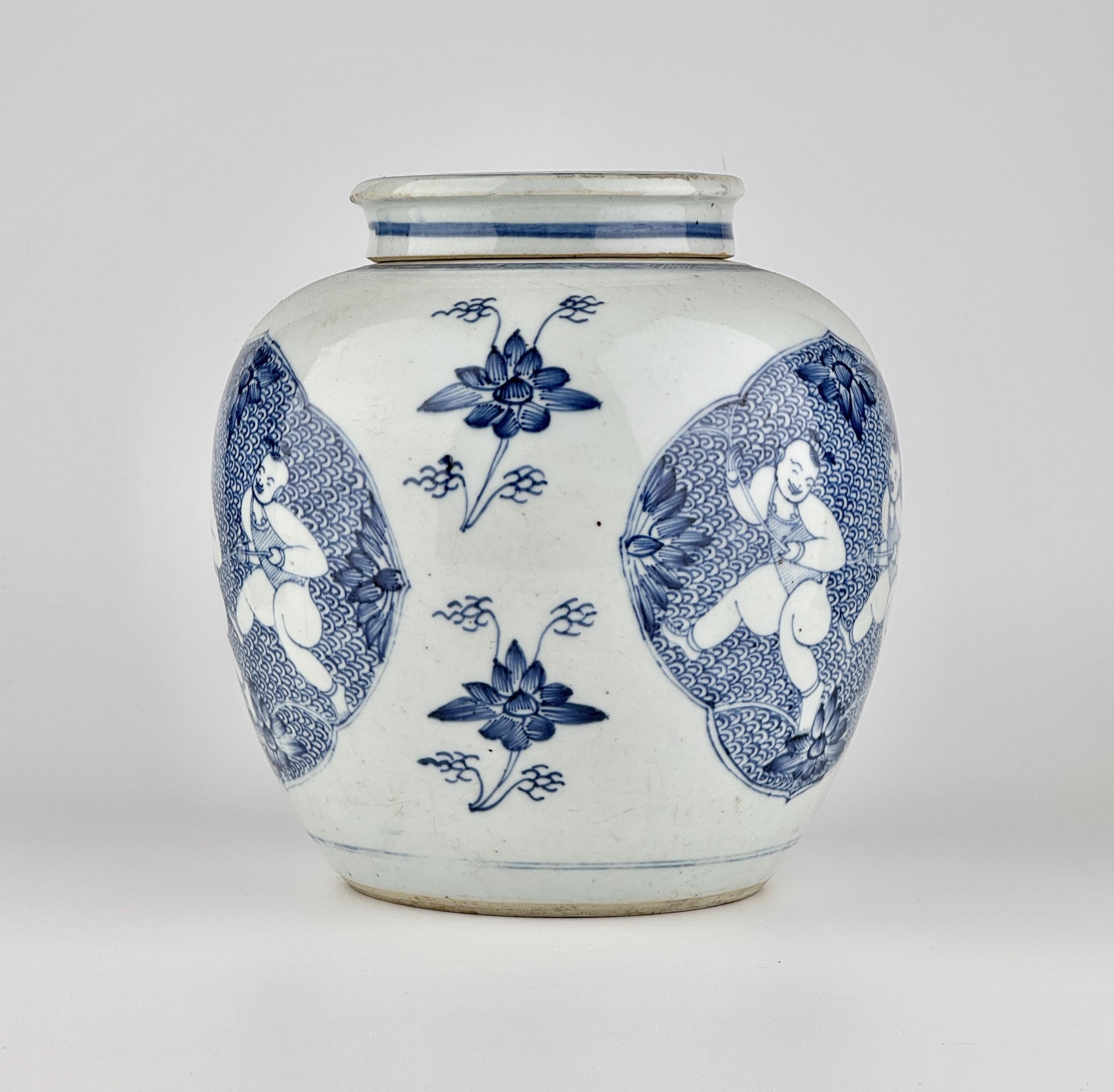Les Hehe Erxian (和合二仙, Ho Ho Erh Hsien), immortels taoïstes connus pour symboliser l'harmonie et l'union, sont vivement représentés sur cette jarre en porcelaine bleue et blanche. Dans le médaillon central, les deux immortels sont représentés jouant
