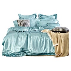 Used Gingerlily Teal Pure Mulberry Silk Queen Duvet Cover, Fine Bed Linen