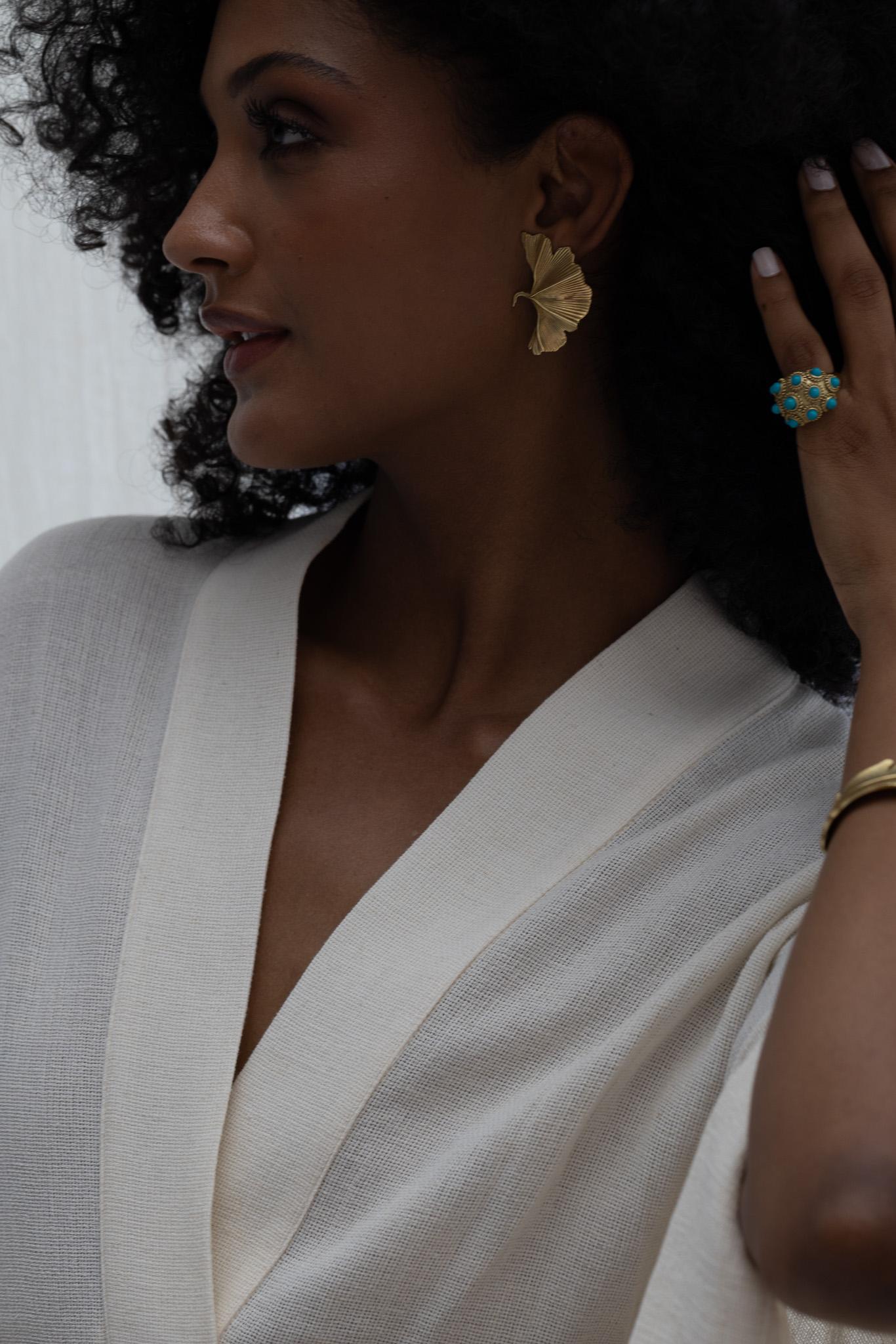 Modernist Gingko Biloba gold earrings For Sale