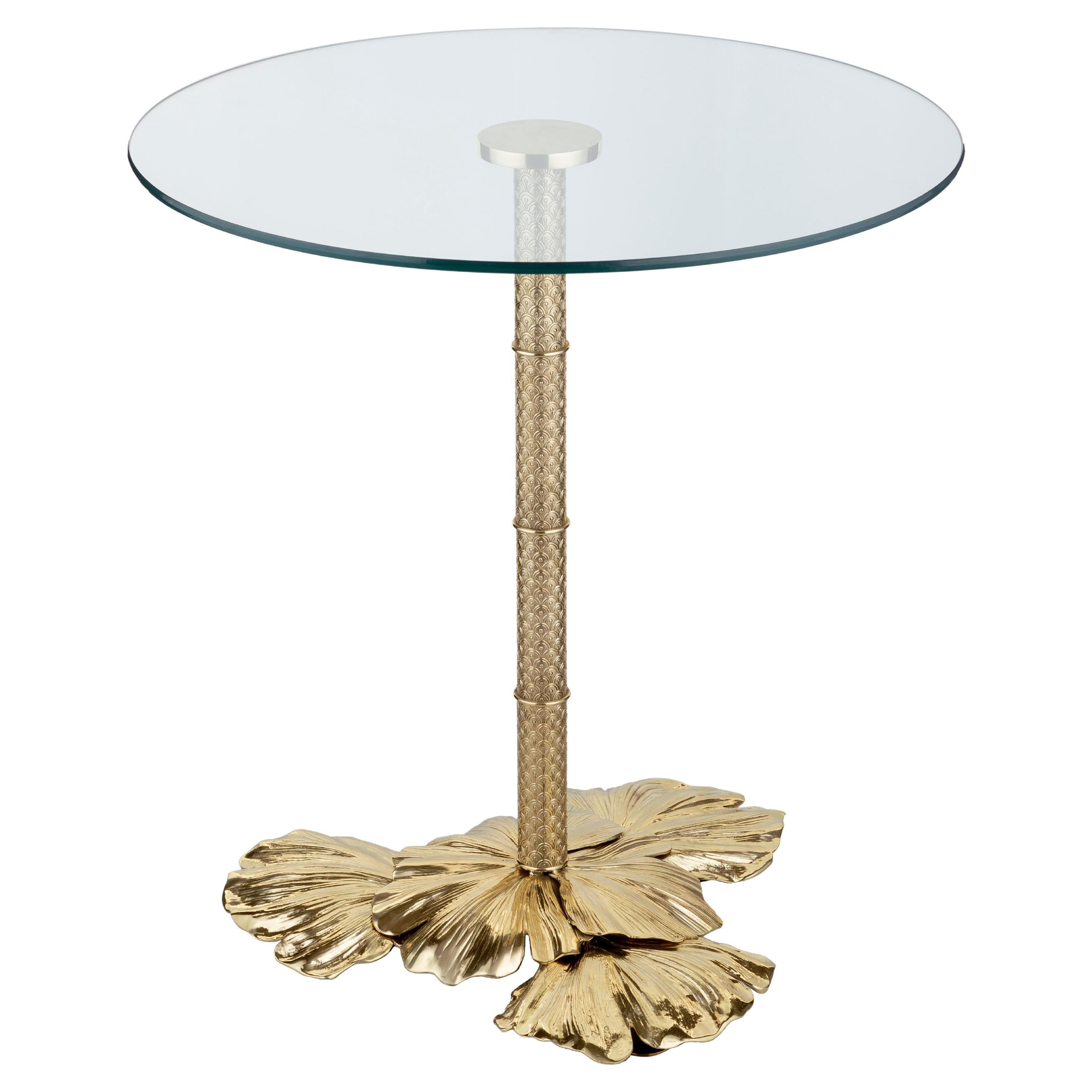 Ginkgo Biloba Side Table with Casting Brass Structure and Clear Glass Table Top