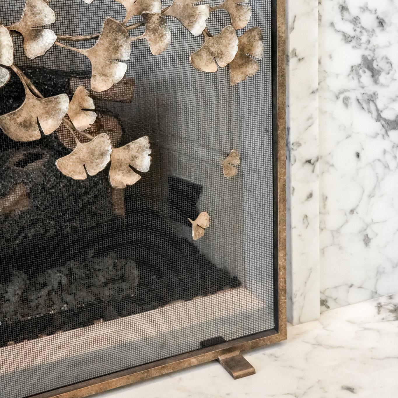 Ginkgo Fireplace Screen in Aged Gold For Sale 4