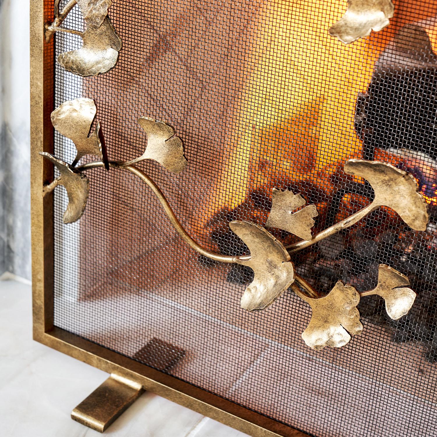 Ginkgo Fireplace Screen in Aged Gold For Sale 2