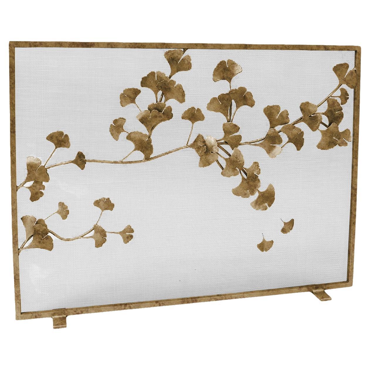 Ginkgo Fireplace Screen in Aged Gold For Sale