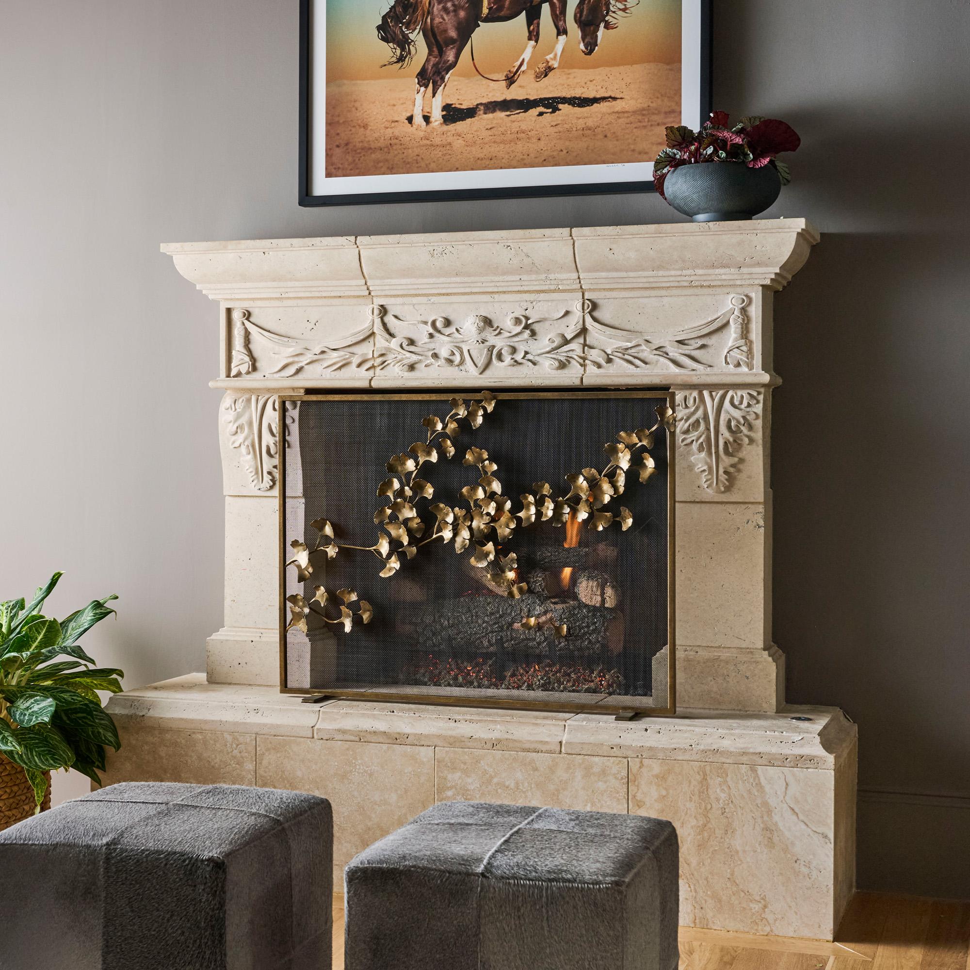 Ginkgo Fireplace Screen in Aged Silver For Sale 8