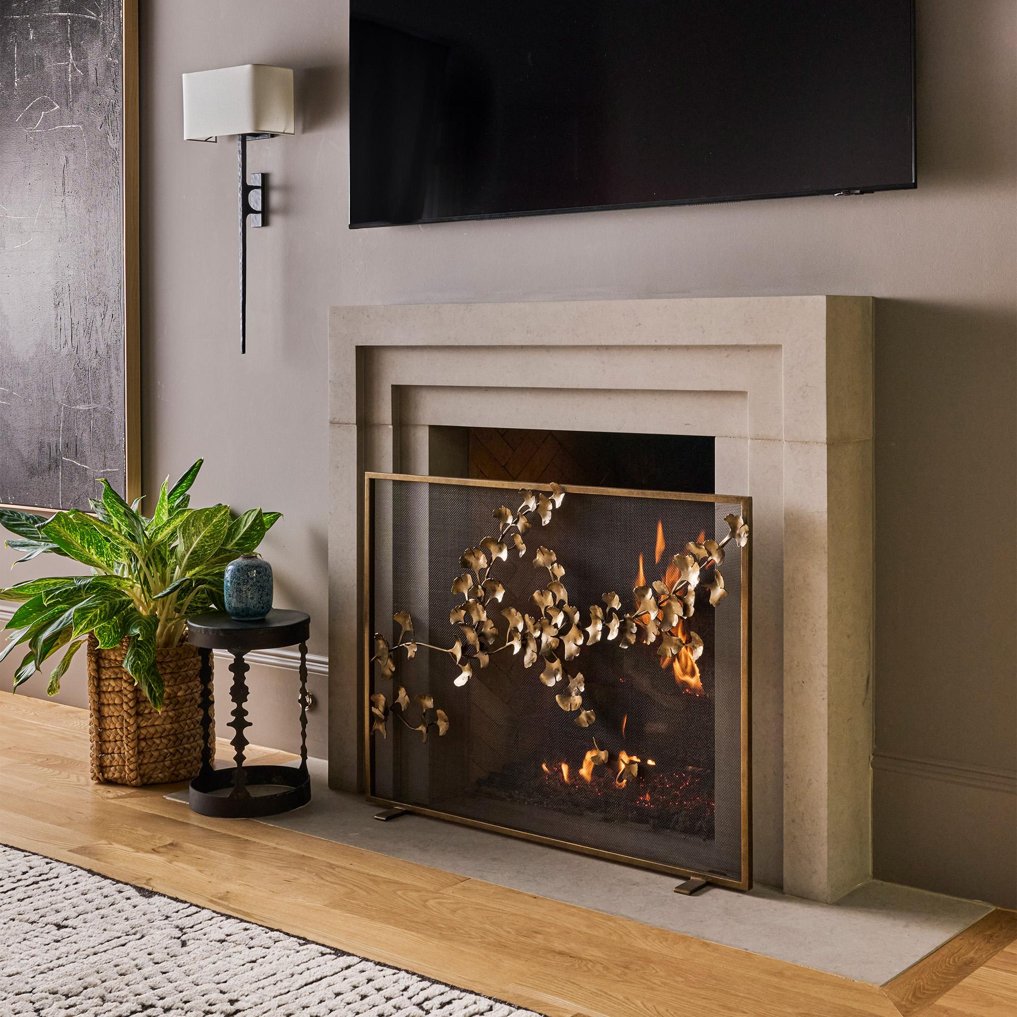 Ginkgo Fireplace Screen in Aged Silver For Sale 9