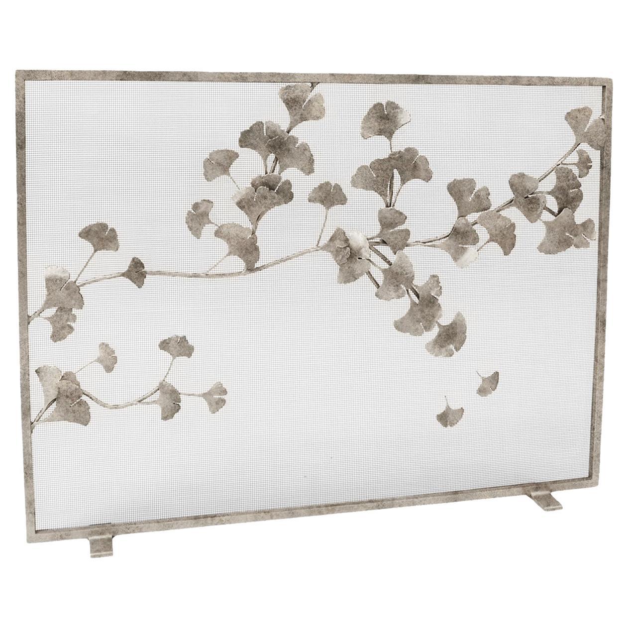 Ginkgo Fireplace Screen in Aged Silver For Sale