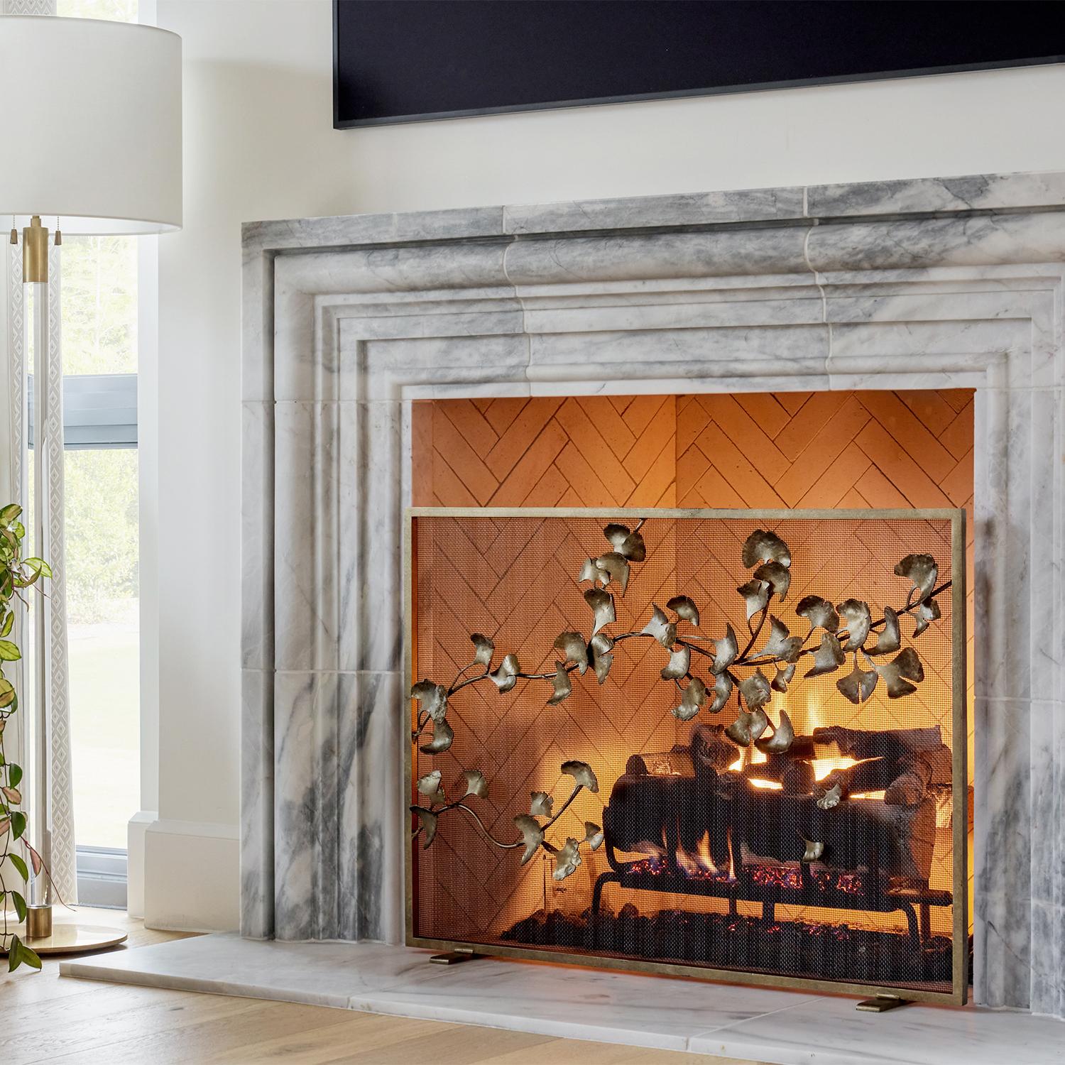 American Ginkgo Fireplace Screen in Gold Rubbed Black For Sale
