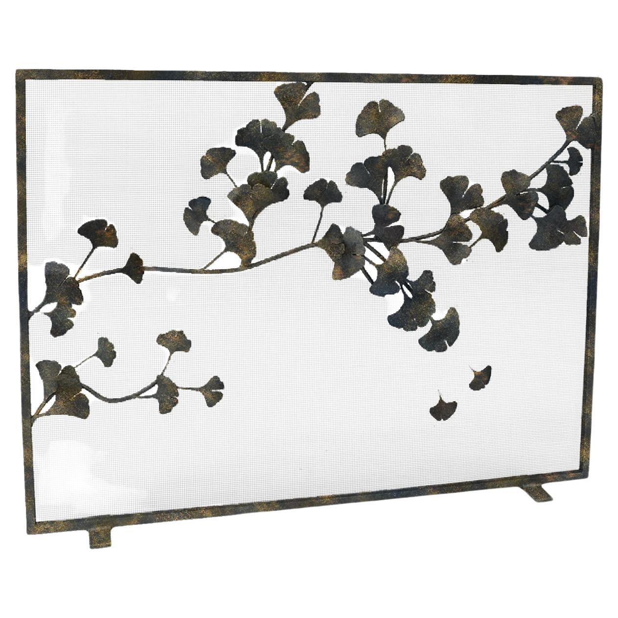 Ginkgo Fireplace Screen in Gold Rubbed Black For Sale