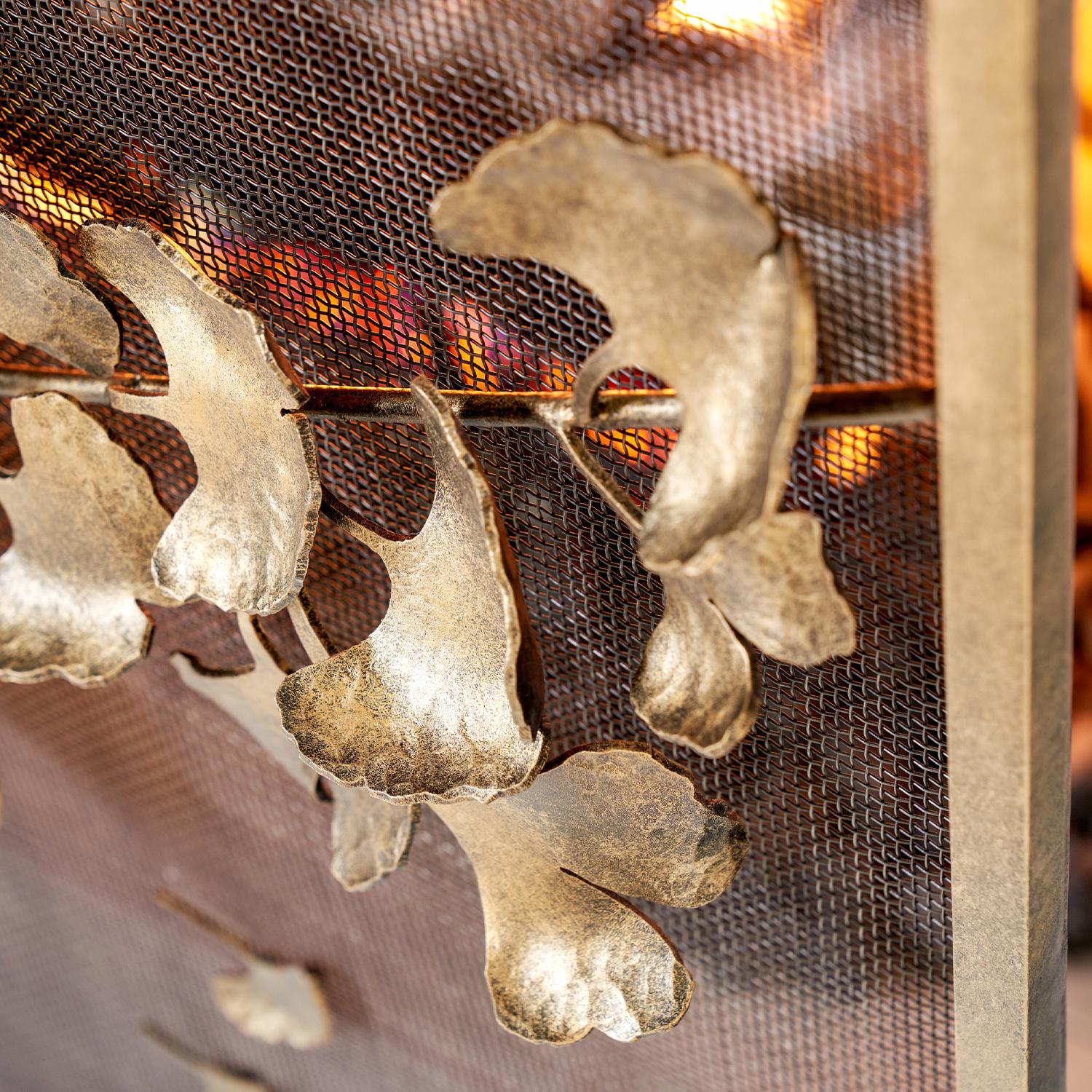Iron Ginkgo Fireplace Screen in Brilliant Gold For Sale