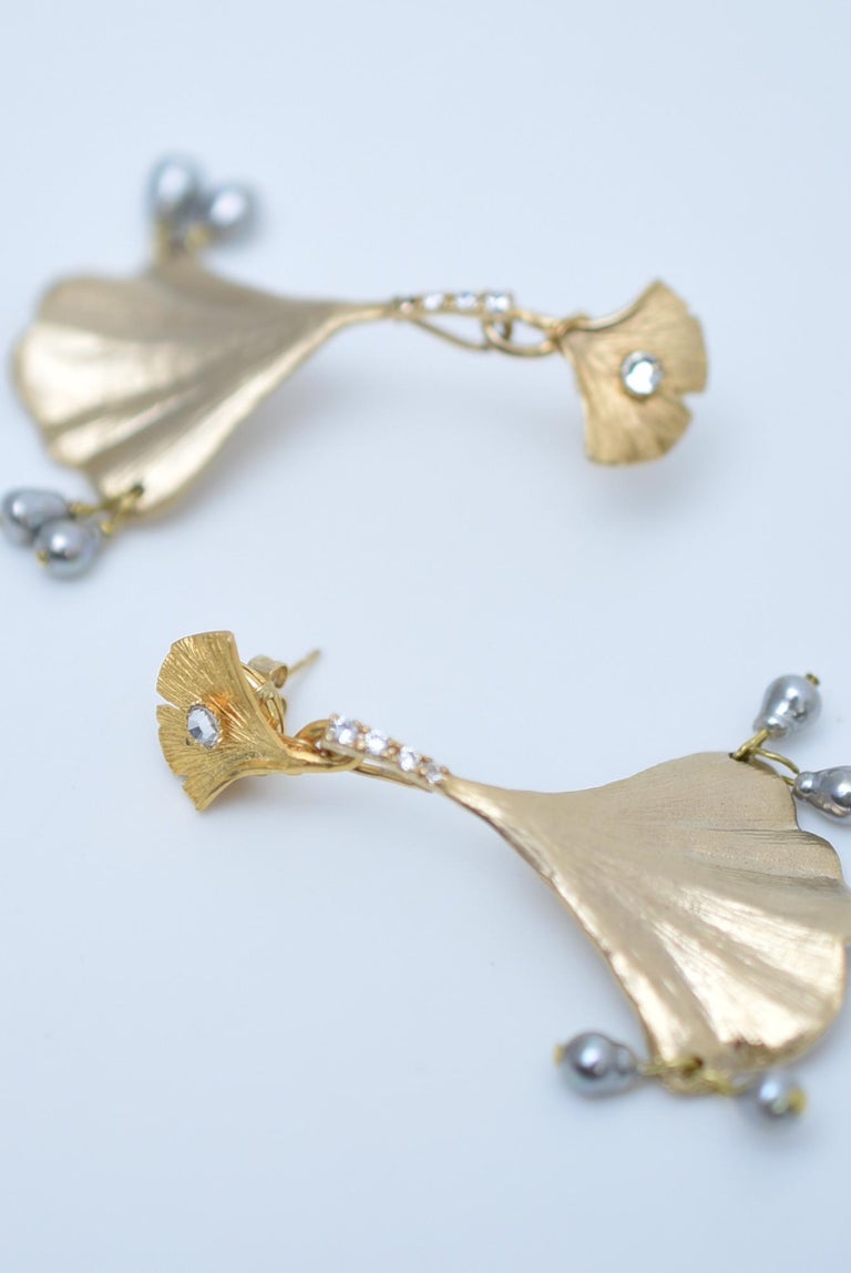 ginkgo leaf earring / vintage jewelry ,1970's vintage parts, pearl