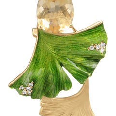 Ginkgo Leaf Earrings with Diamonds, Citrines and Hot Enamel