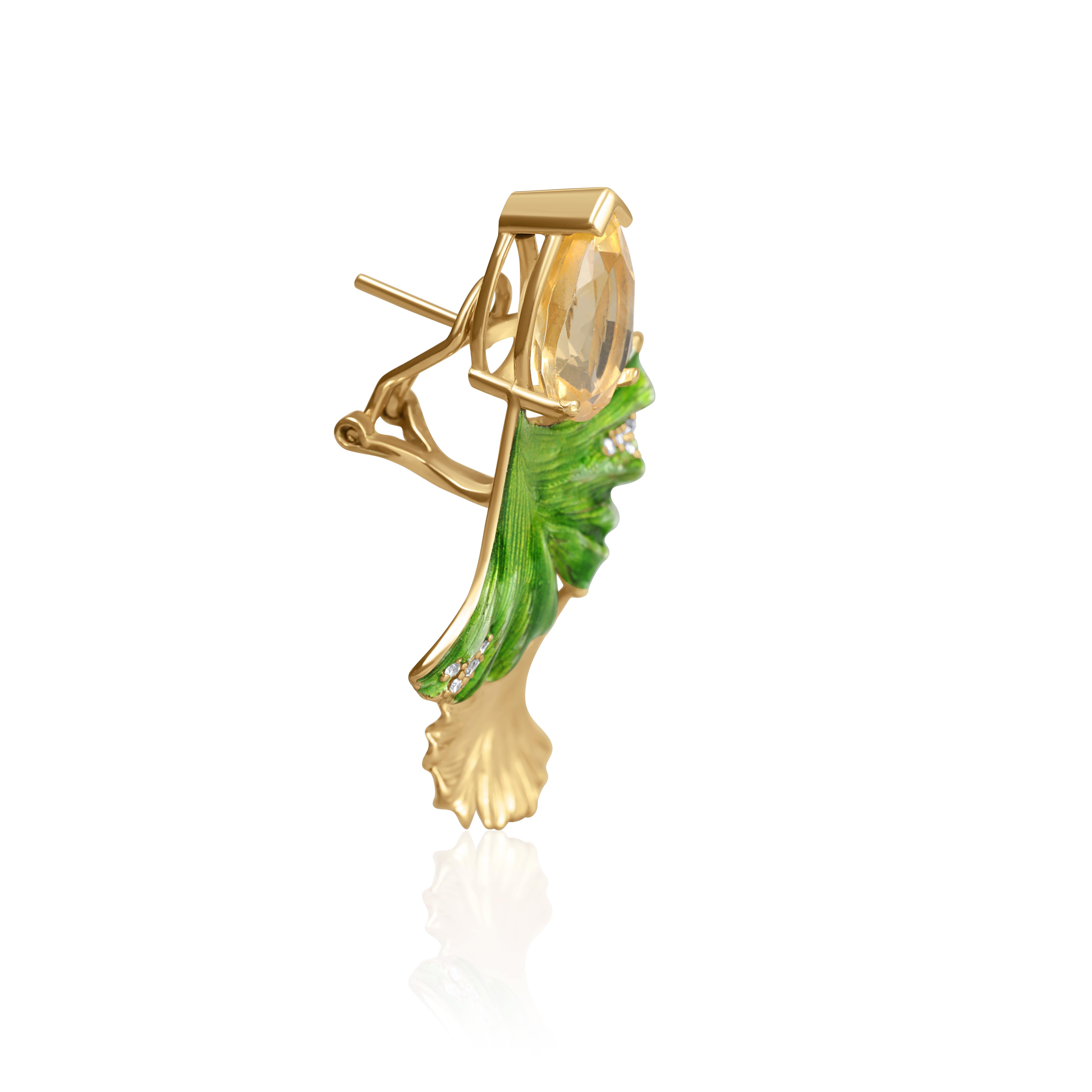 Ginkgo-Blatt-Ohrringe mit Diamanten, Zitrinen und heißer Emaille (Brillantschliff) im Angebot