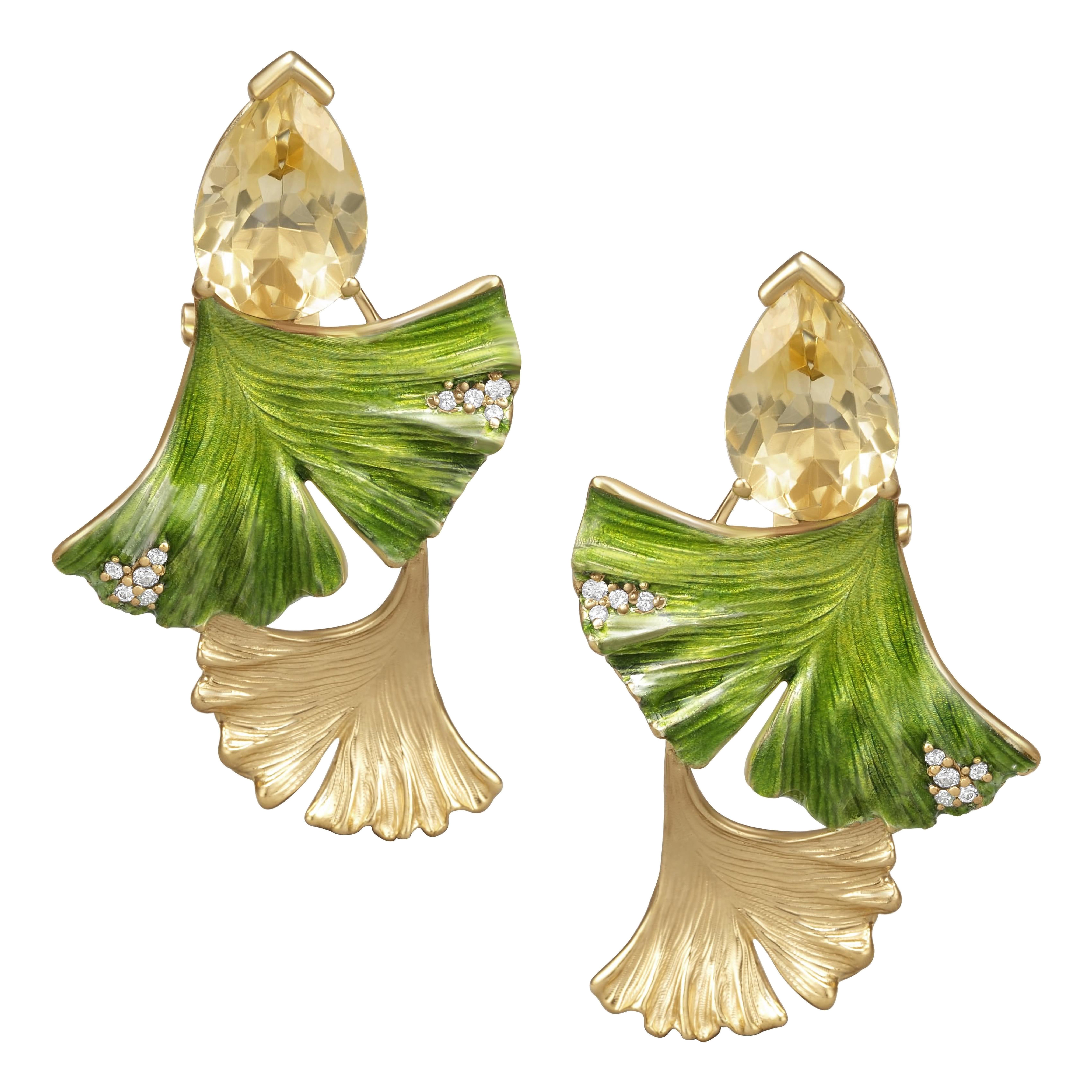 Ginkgo-Blatt-Ohrringe mit Diamanten, Zitrinen und heißer Emaille im Angebot