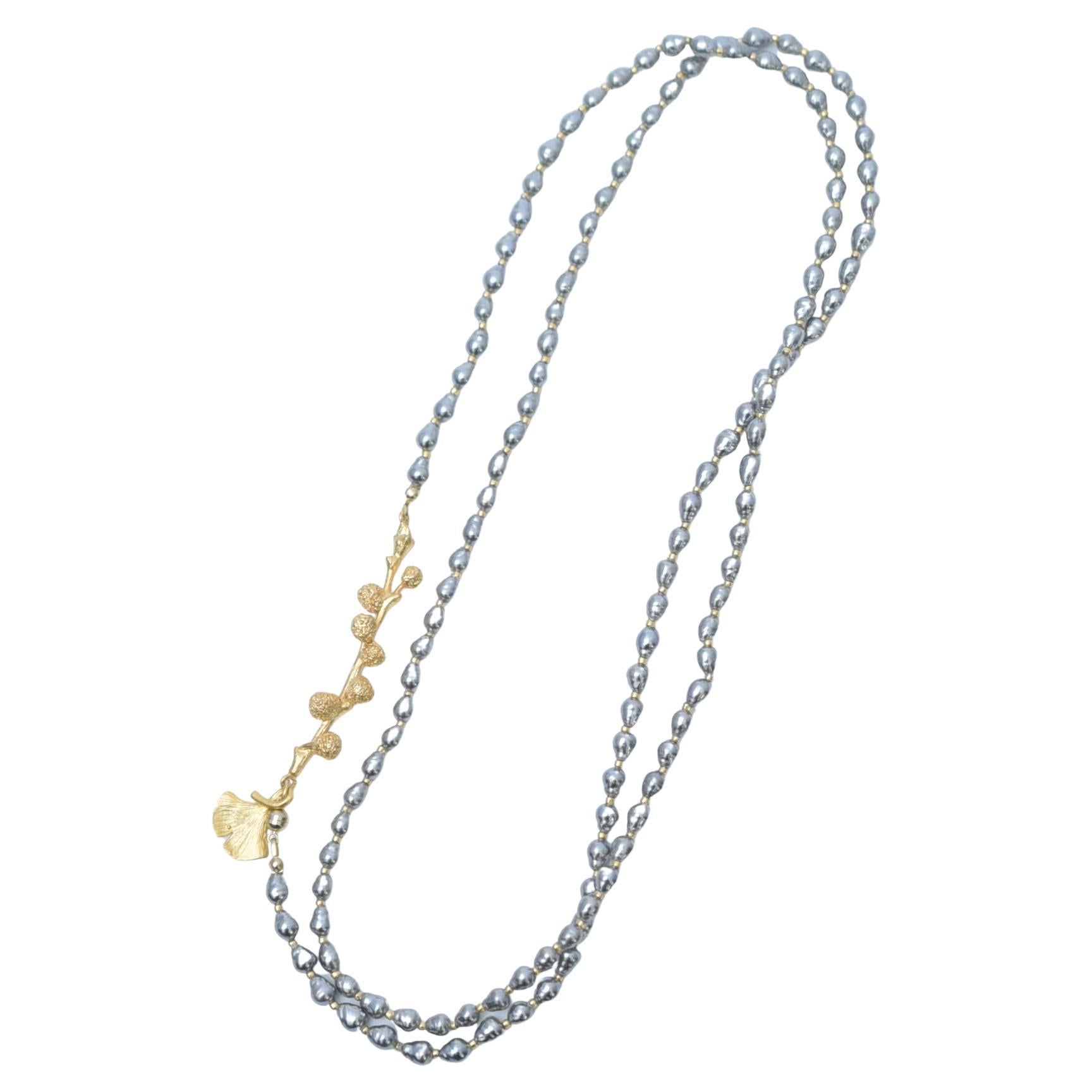 ginkgo long necklace  / vintage jewelry , 1970's vintage parts, vintage pearl For Sale