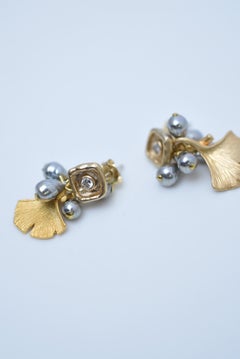 ginkgo square earring  / vintage jewelry , 1970's vintage parts, vintage pearl