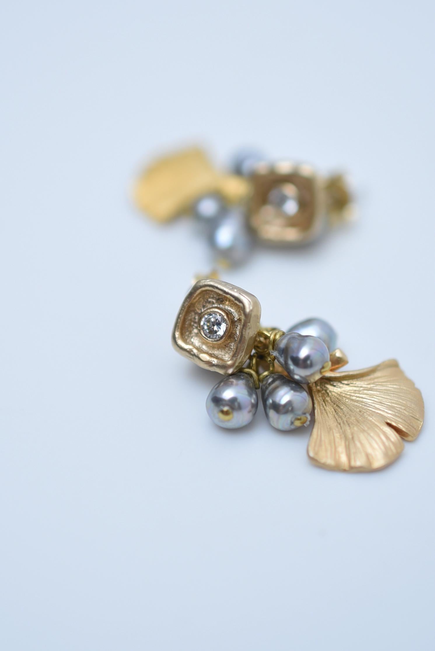 Round Cut ginkgo square earring  / vintage jewelry , 1970's vintage parts, vintage pearl For Sale
