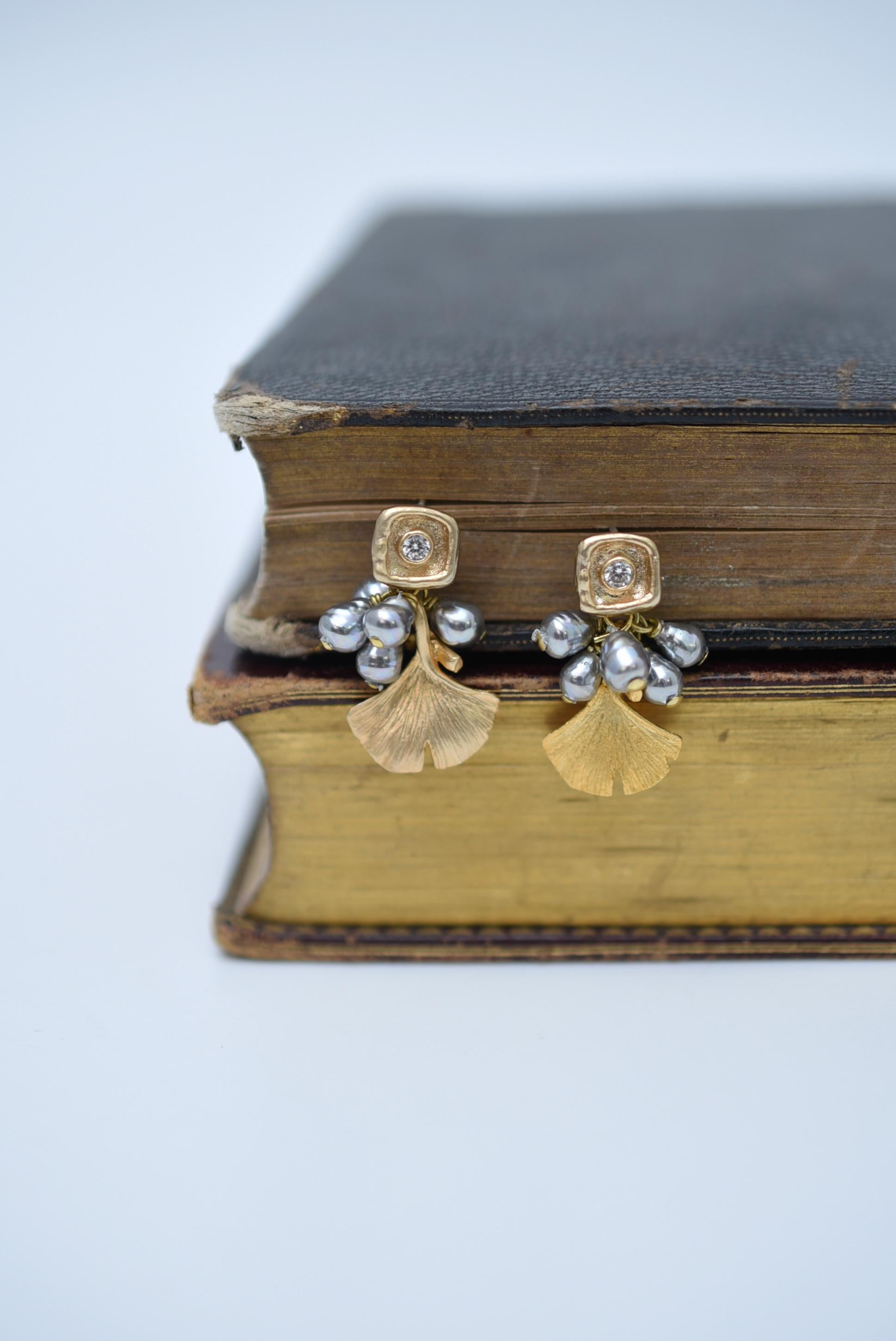 ginkgo square earring  / vintage jewelry , 1970's vintage parts, vintage pearl In New Condition For Sale In Sammu shi, JP