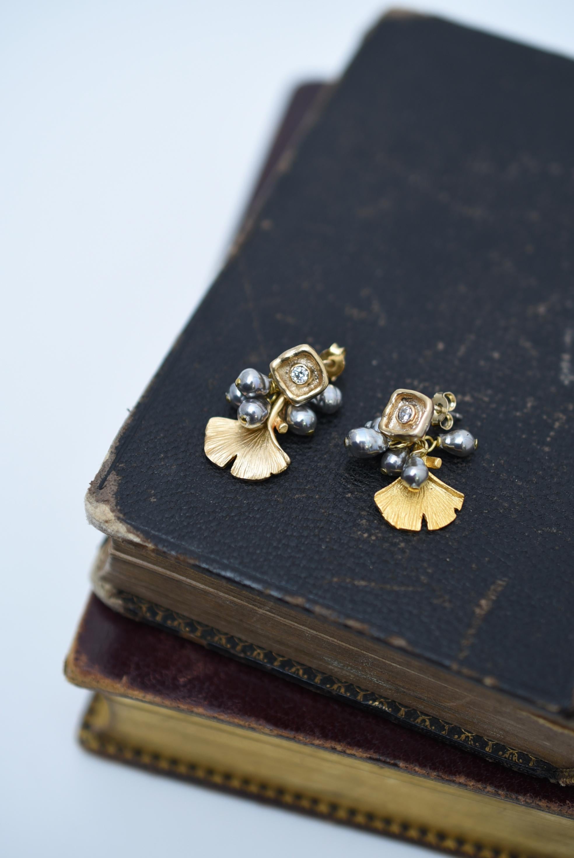 Women's ginkgo square earring  / vintage jewelry , 1970's vintage parts, vintage pearl For Sale