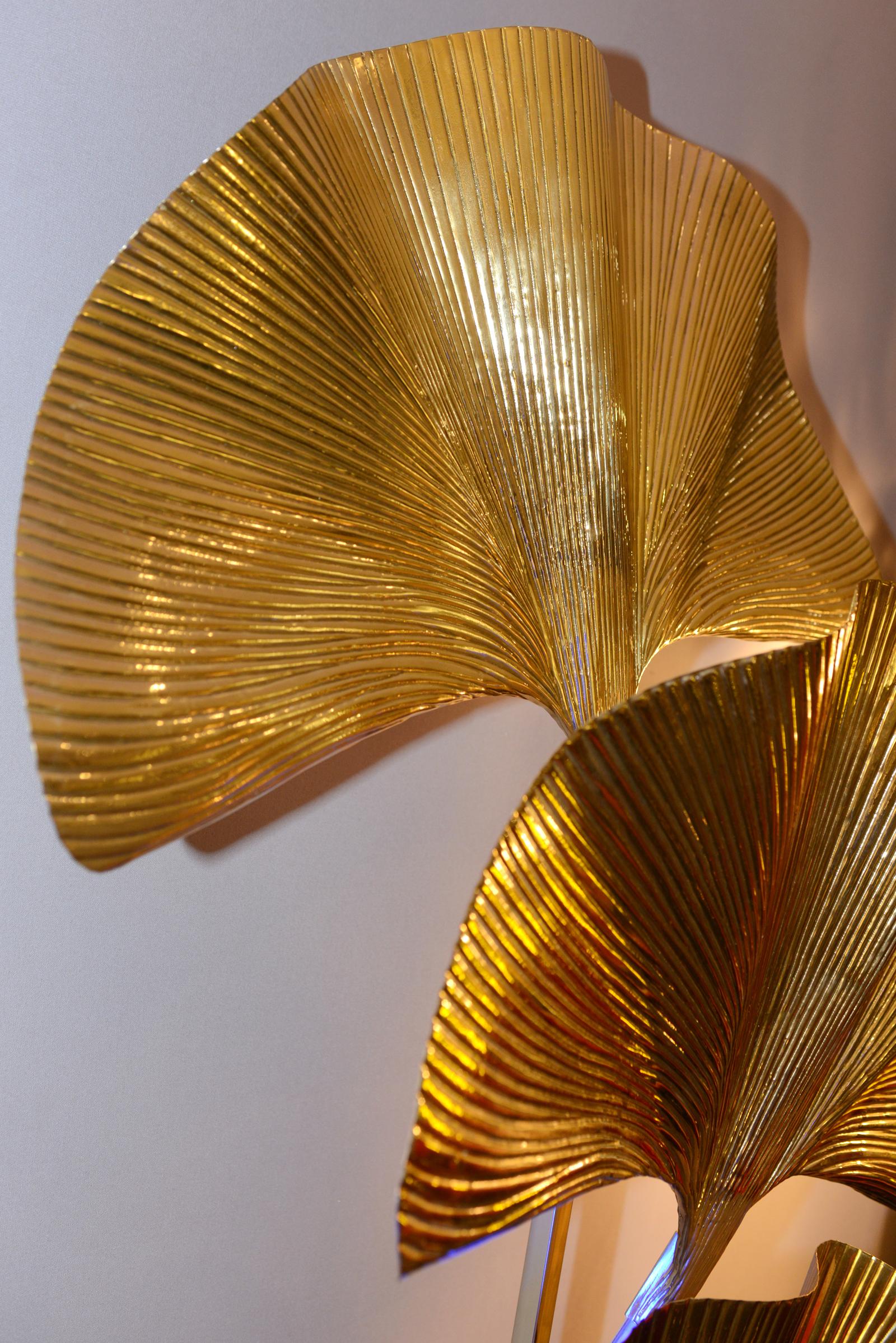 Indian Ginko Biloba Floor Lamp in Polished Brass