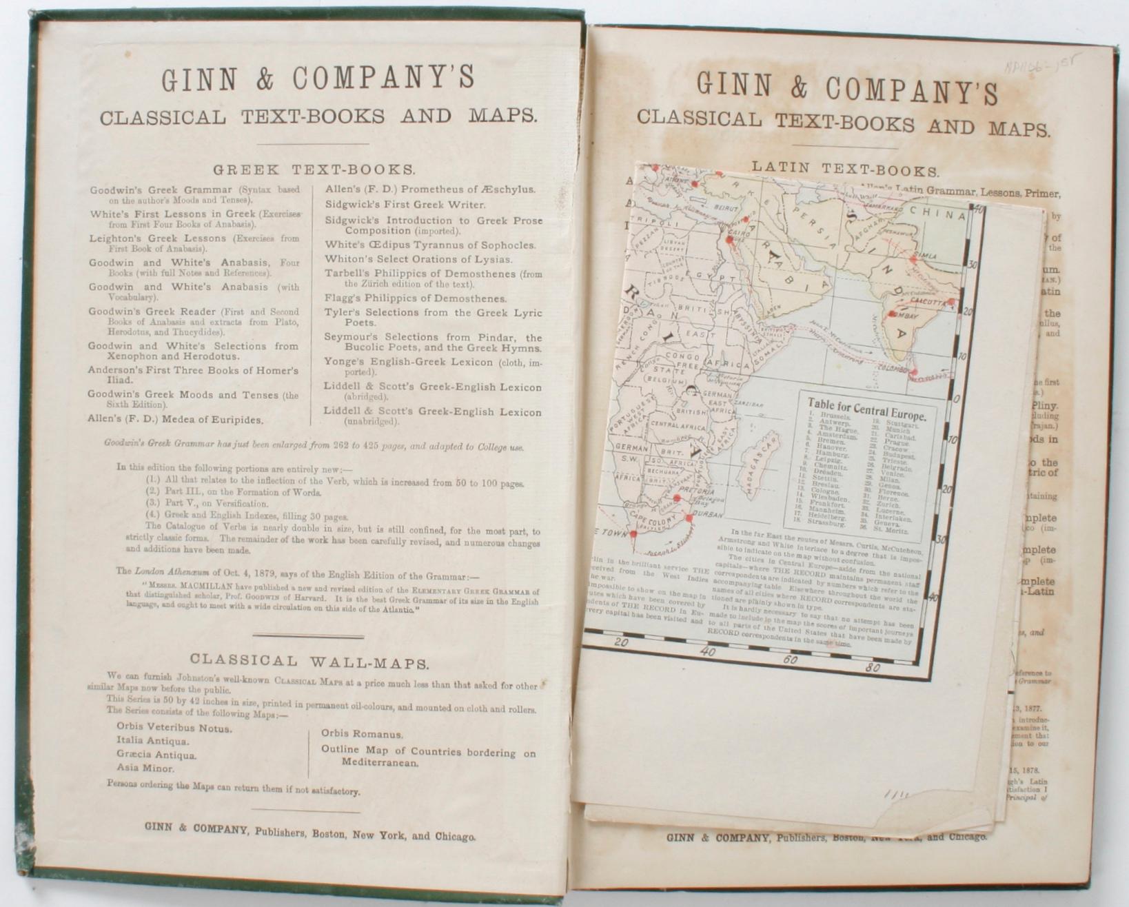 Ginn & Company's Classical Atlas by Ginn & Company. Ginn & Company Publishers, Boston, NY, Chicago, 1886. First edition hardcover no dust jacket as published. Original adobe cloth with beautifully stamped boards, with black and gilt on the front