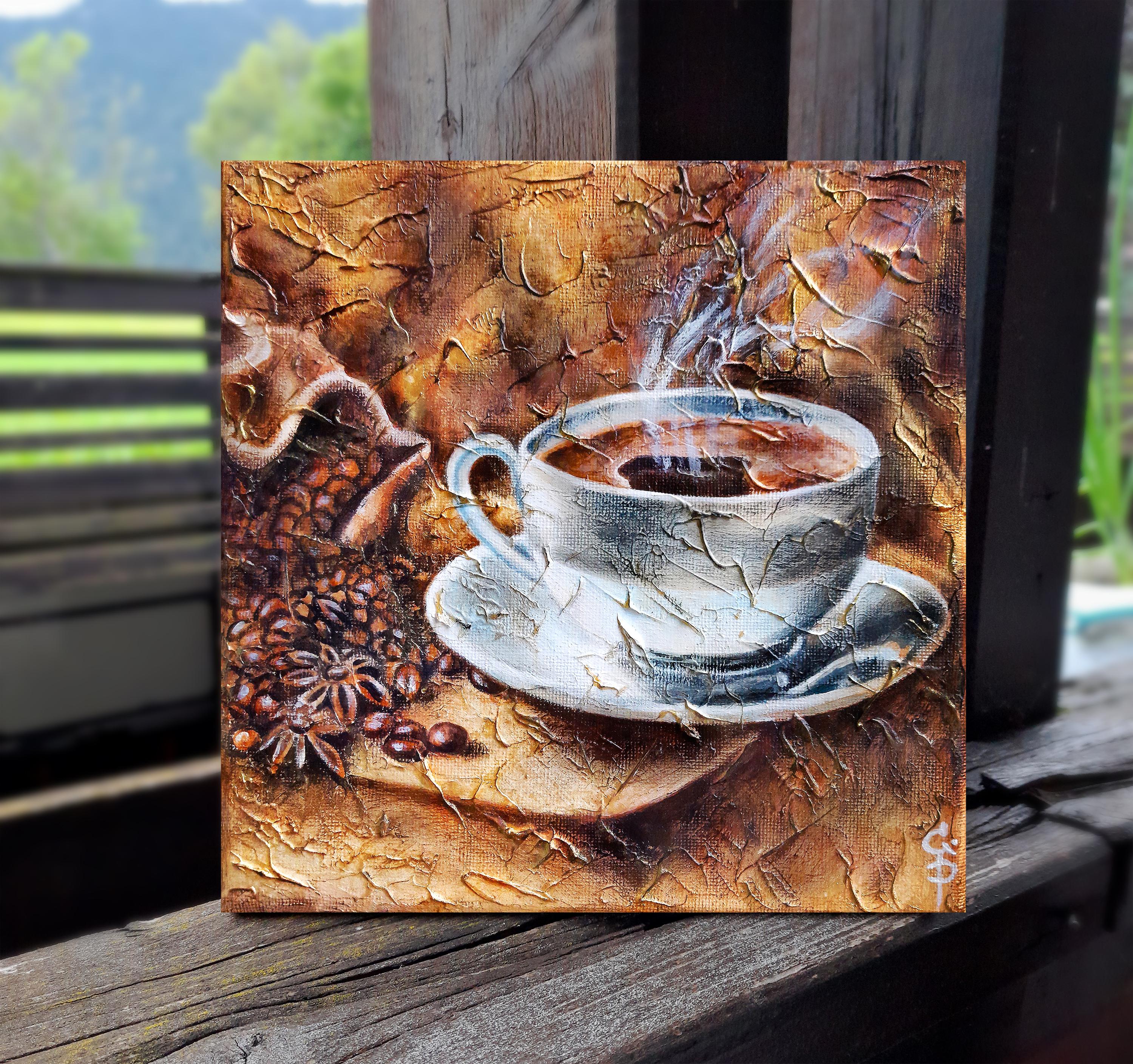 Kaffee. Originalgemälde (Braun), Still-Life Painting, von Ginna Paola