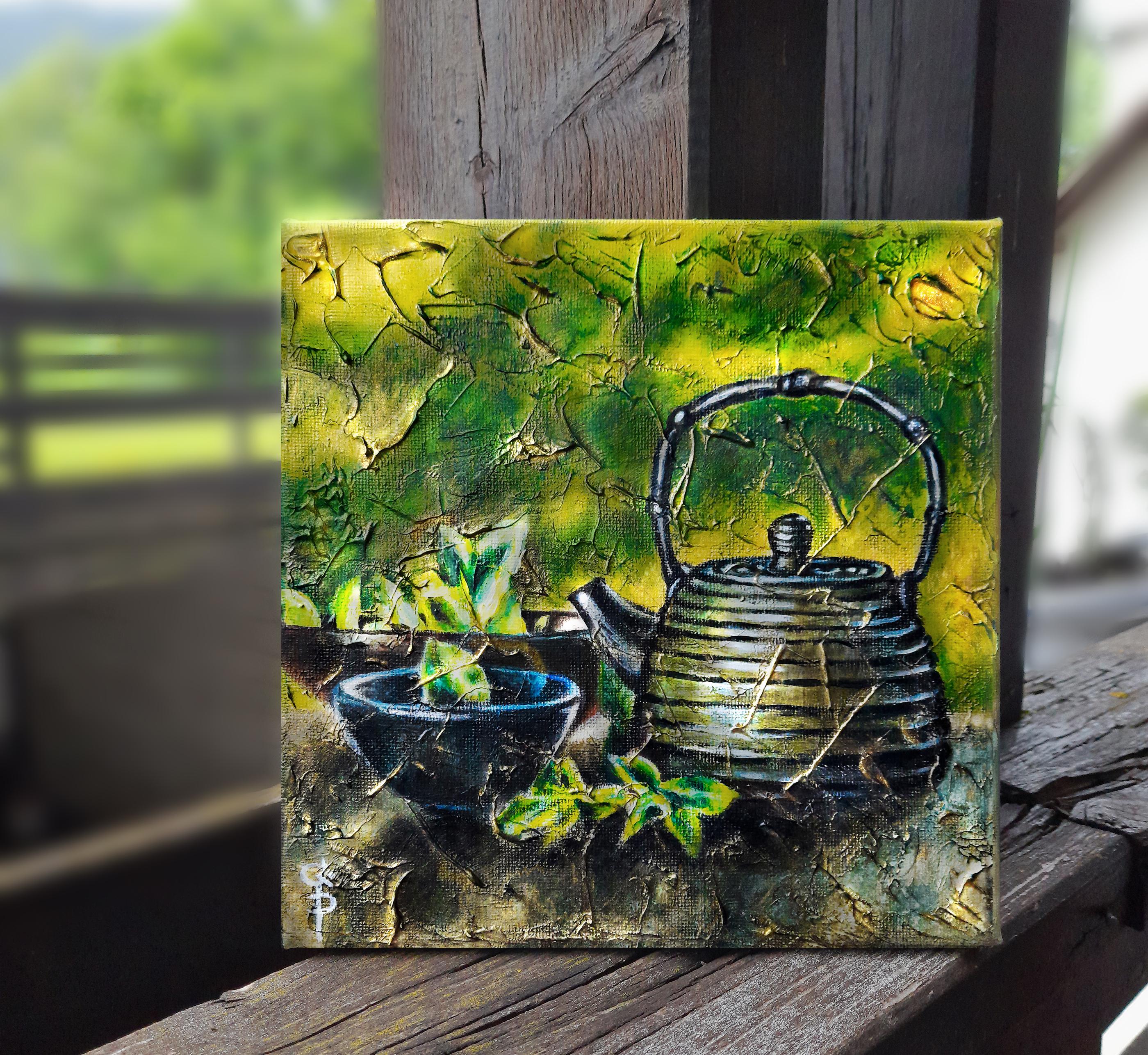 Grüner Tee. Originalgemälde (Schwarz), Still-Life Painting, von Ginna Paola
