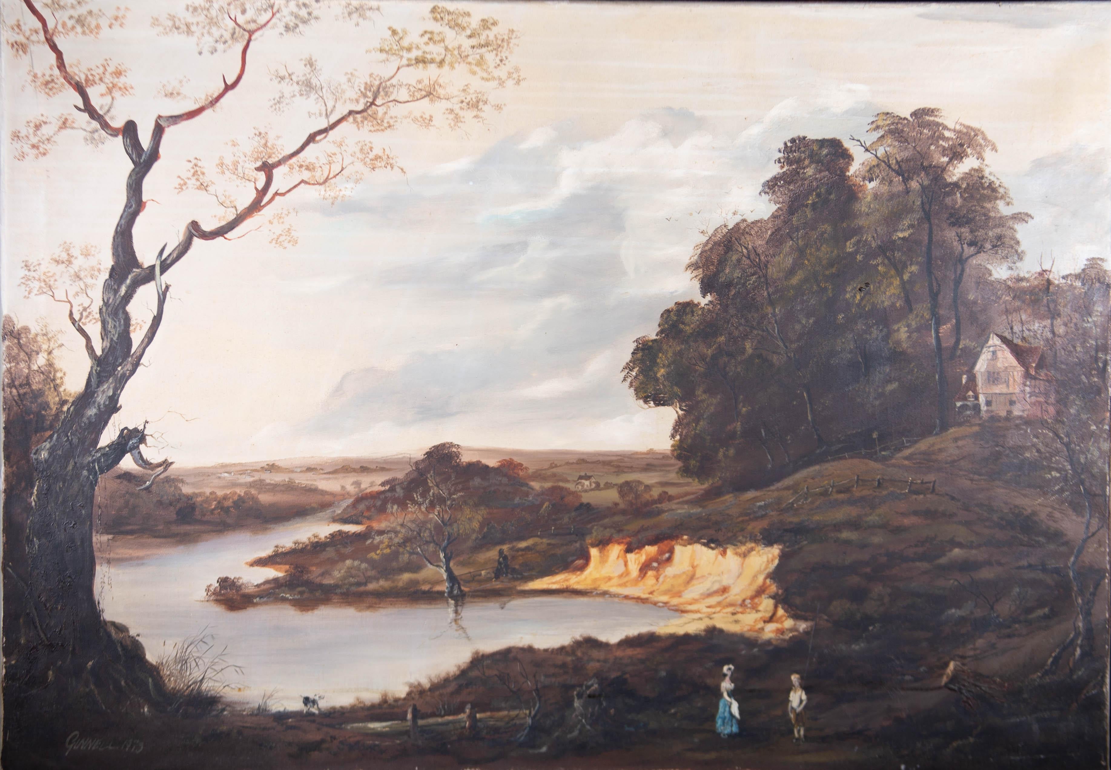 A large historical landscape depicting a bank of a river with a figure fishing and a cottage visible on the hill. Signed and dated to the lower-left edge. On canvas on stretchers.
