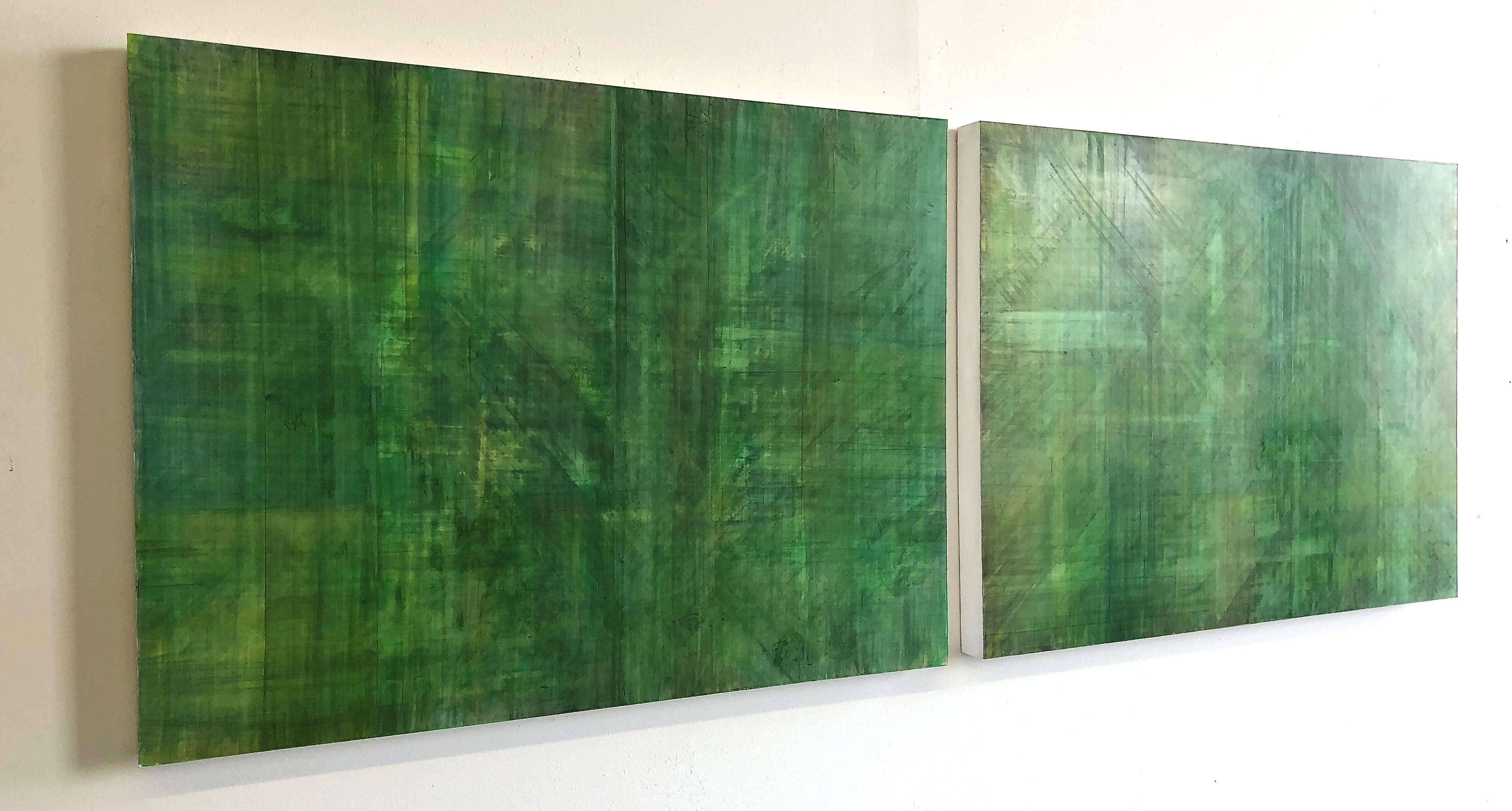 C14-10 (Minimalist Green Wall Sculpture in Two Panels, Diptych) - Painting by Ginny Fox