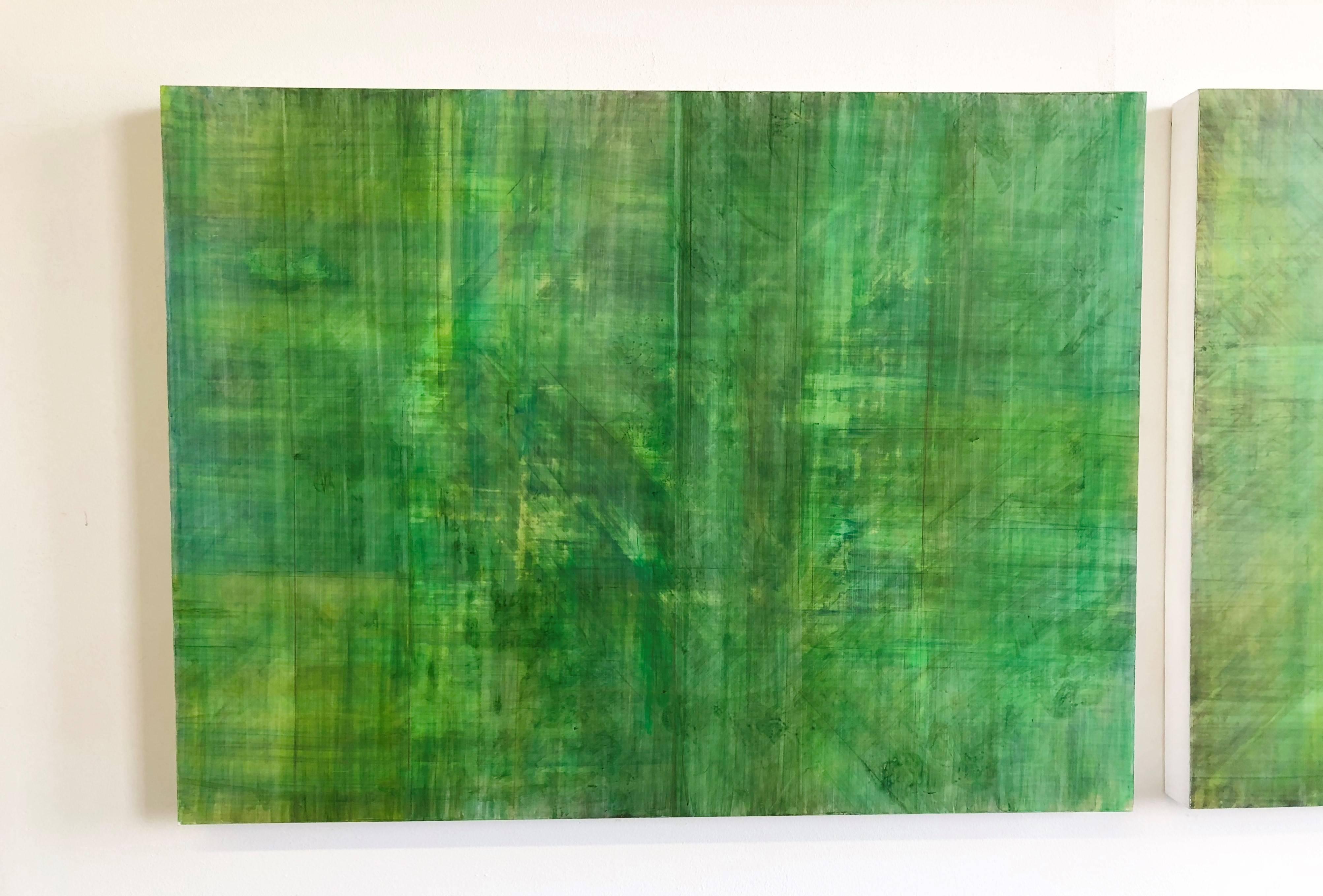 C14-10 (Minimalistische grüne Wandskulptur in zwei Tafeln, Diptychon) (Zeitgenössisch), Painting, von Ginny Fox