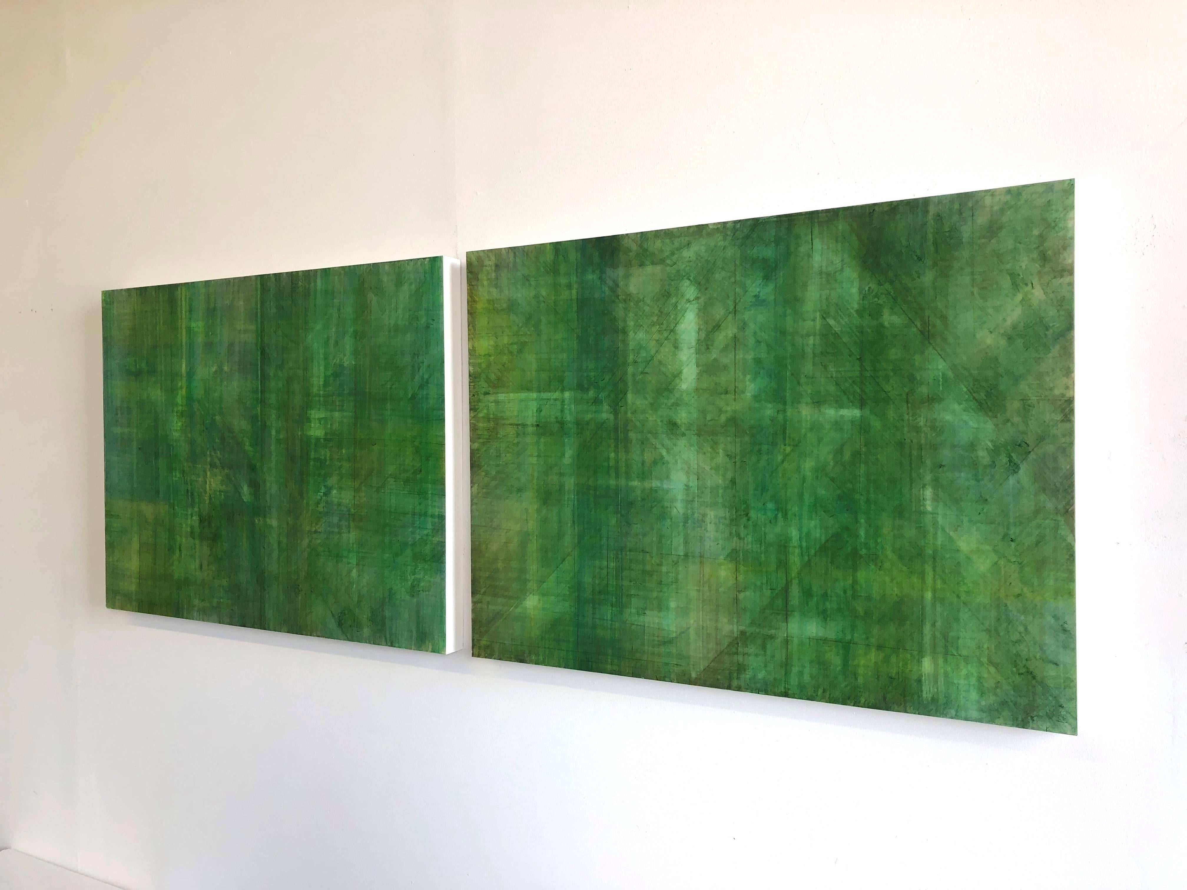 C14-10 (Minimalistische grüne Wandskulptur in zwei Tafeln, Diptychon) (Grün), Abstract Painting, von Ginny Fox
