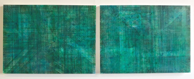 Ginny Fox Abstract Sculpture - C15-1 (Minimalist Emerald Wall Sculpture on Two Panels)