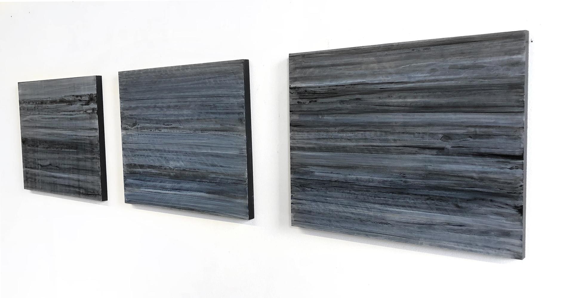 C18-13 [A, B, C] (Abstract Rectangular Triptych in Striated Black and Blue) - Painting by Ginny Fox