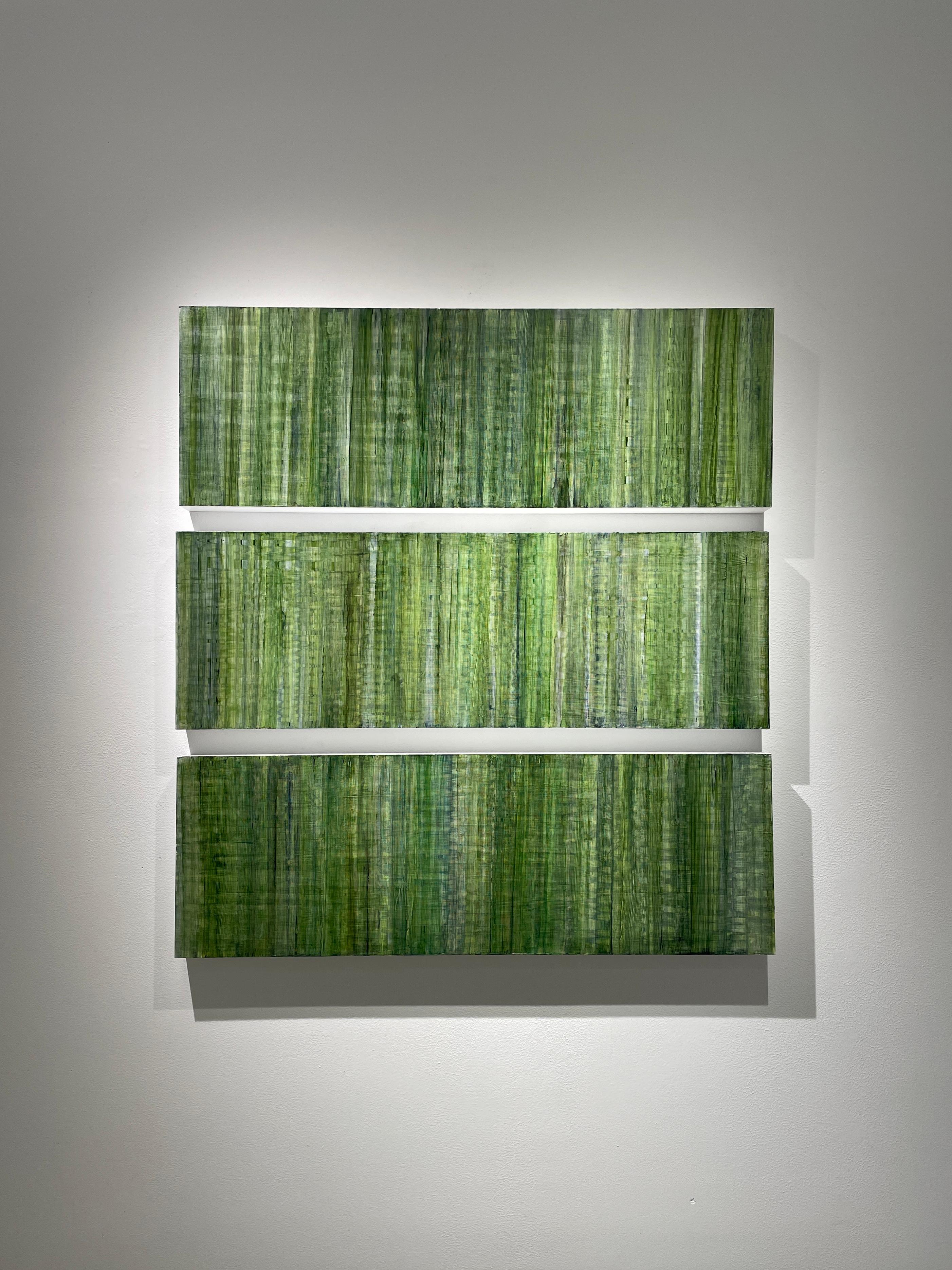 C22-9 (Abstract Geometric Color Field Multi panel painting in shades of green) by Ginny Fox
Painting is on three panels measuring 36 x 12 x 2 inches each
Can be oriented vertically or horizontally

At once minimal and complex, the abstract