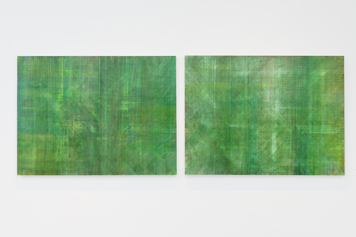 Minimalistisches abstraktes Farbfeldgemälde in Smaragdgrün auf 2 Tafeln (C14-10) – Painting von Ginny Fox