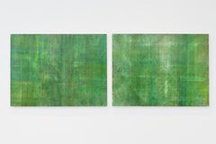 Quadro astratto minimalista a colori in verde smeraldo su 2 pannelli (C14-10)