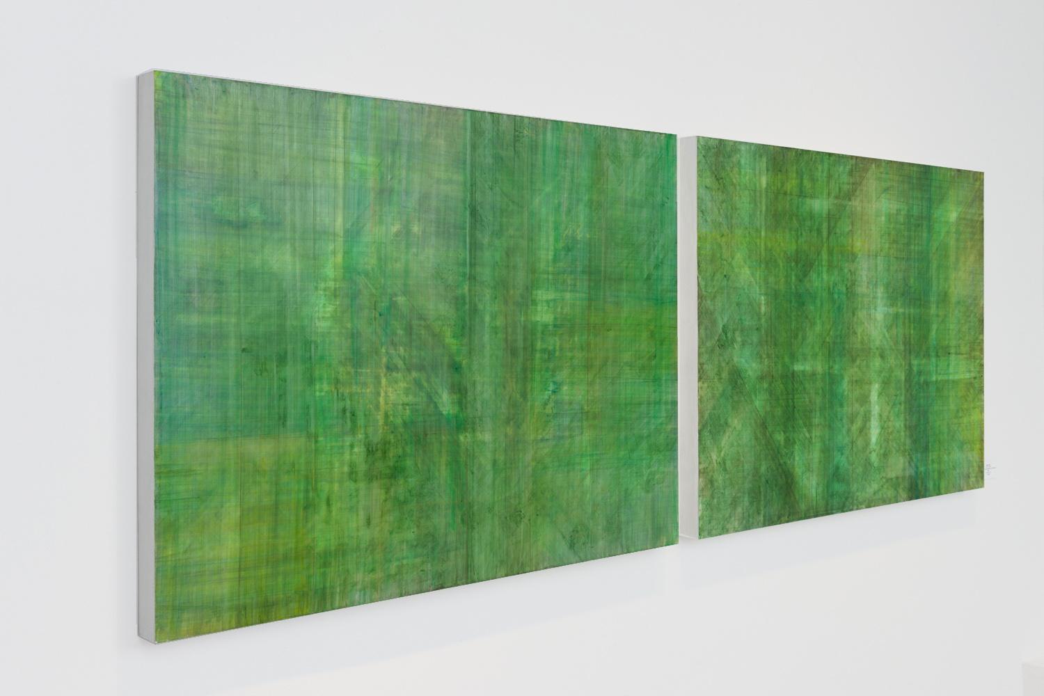 Minimalistisches abstraktes Farbfeldgemälde in Smaragdgrün auf 2 Tafeln (C14-10) (Grün), Abstract Painting, von Ginny Fox