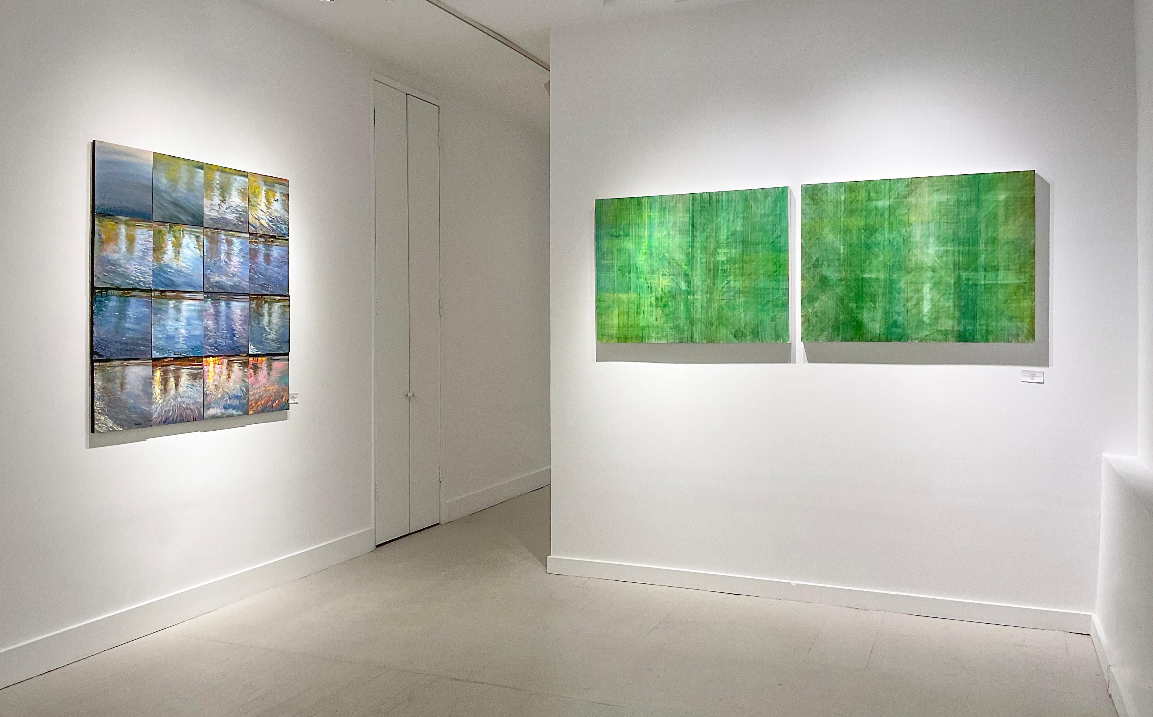 Nature-Inspired Minimalist Abstract Color Field painting on three wood panels in shades of Emerald Green by Ginny Fox
Acrylic on 2 panels
Each panel is 30 x 40 x 2 inches  
Overall measurement for horizontal install with 2 inch recommended spacing,