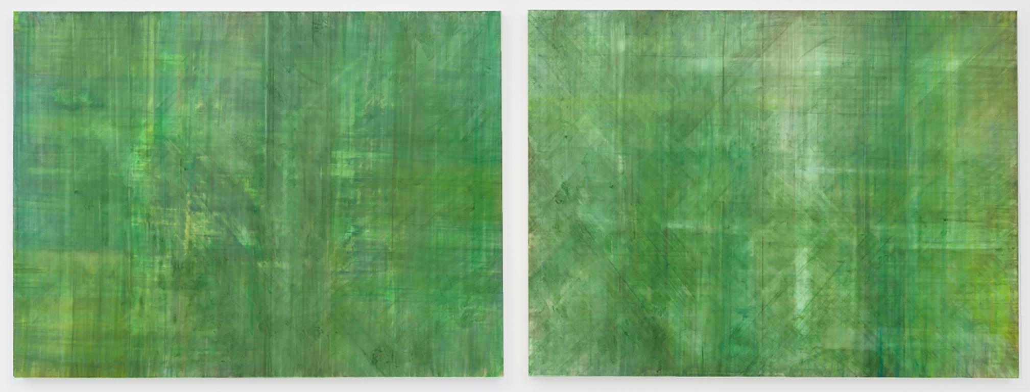 Quadro astratto minimalista a colori in verde smeraldo su 2 pannelli (C14-10)