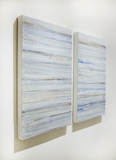 Pittura astratta minimalista in campo cromatico in azzurro e bianco (C19-3)